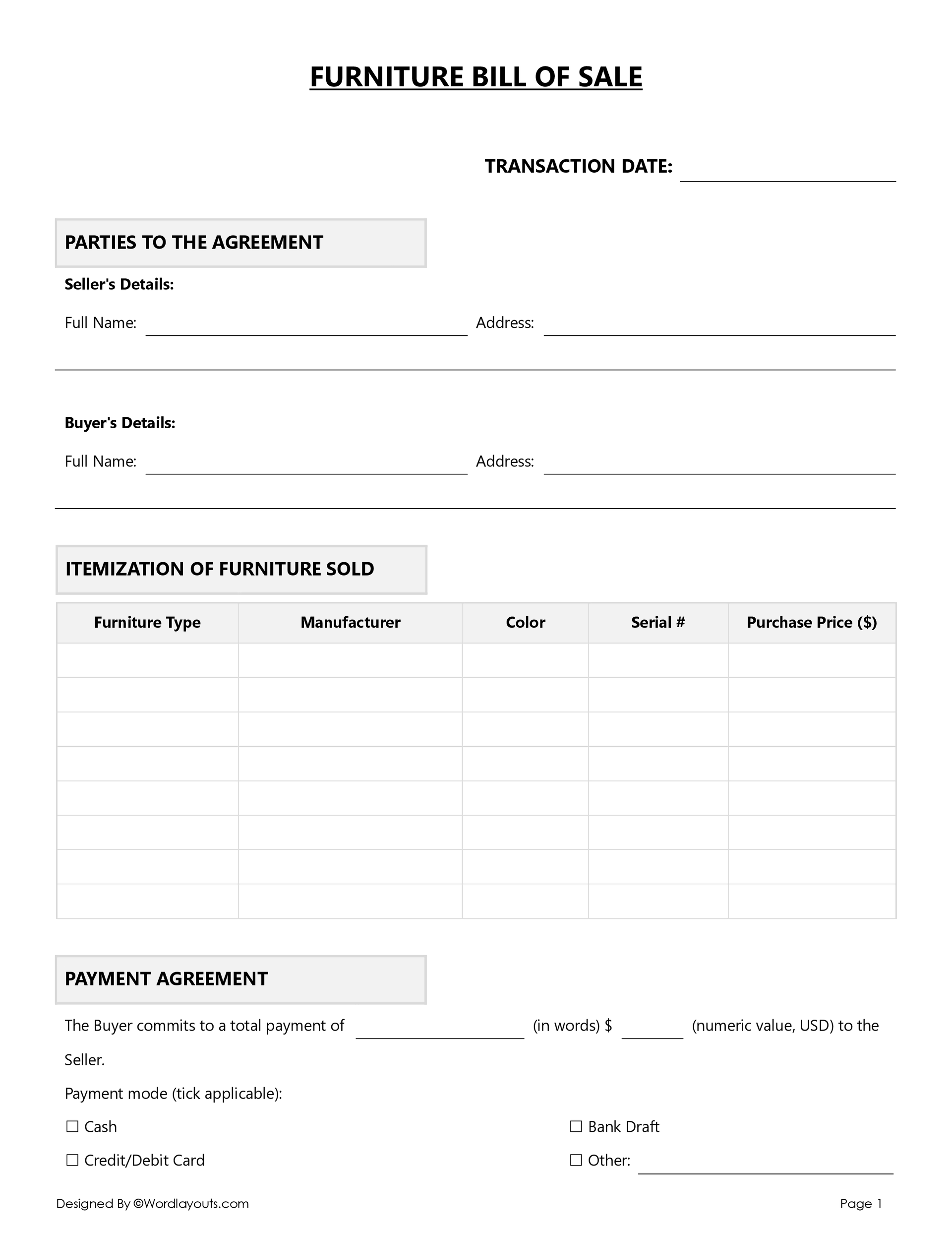 sample Furniture Bill of Sale Form