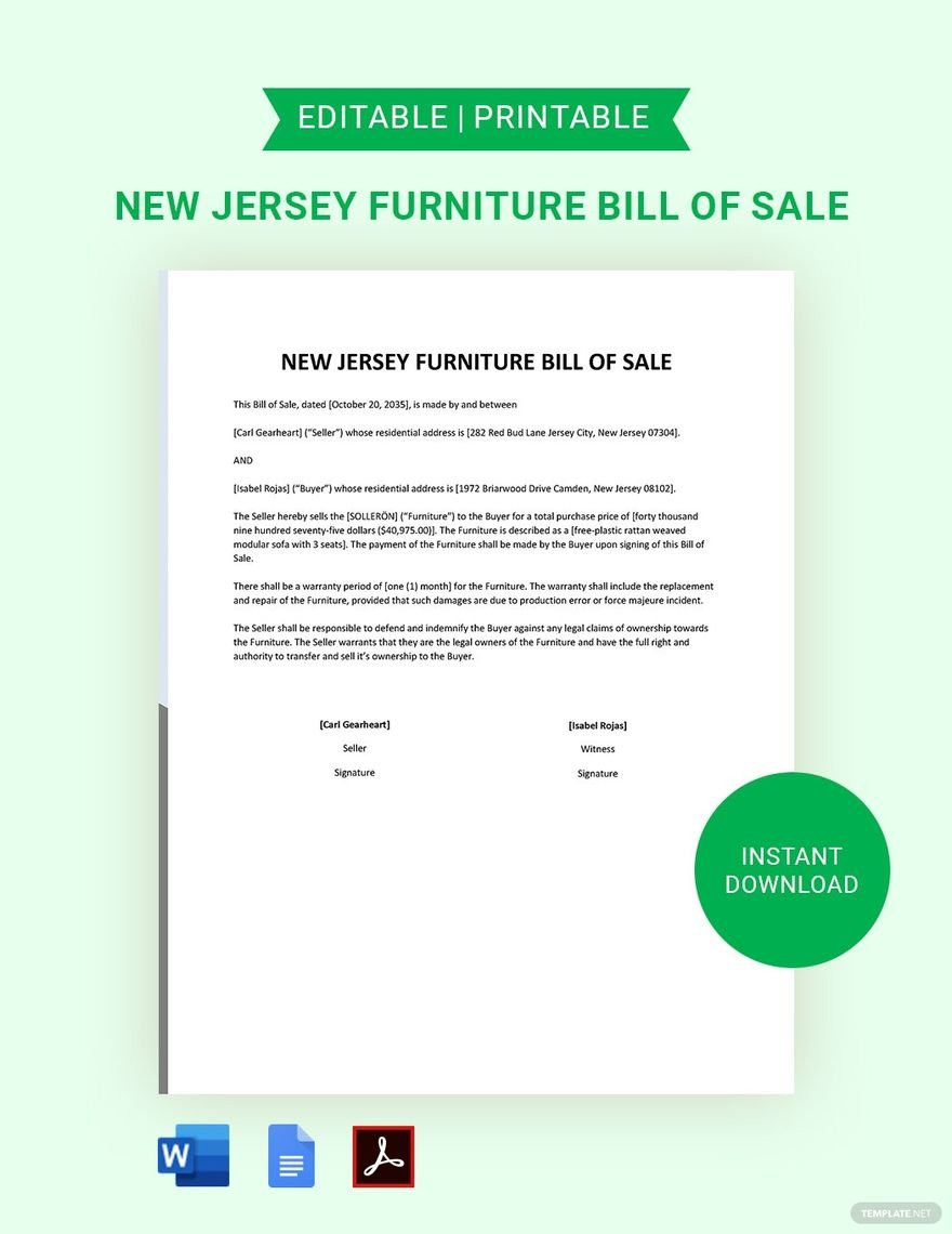 sample Furniture Bill of Sale Form