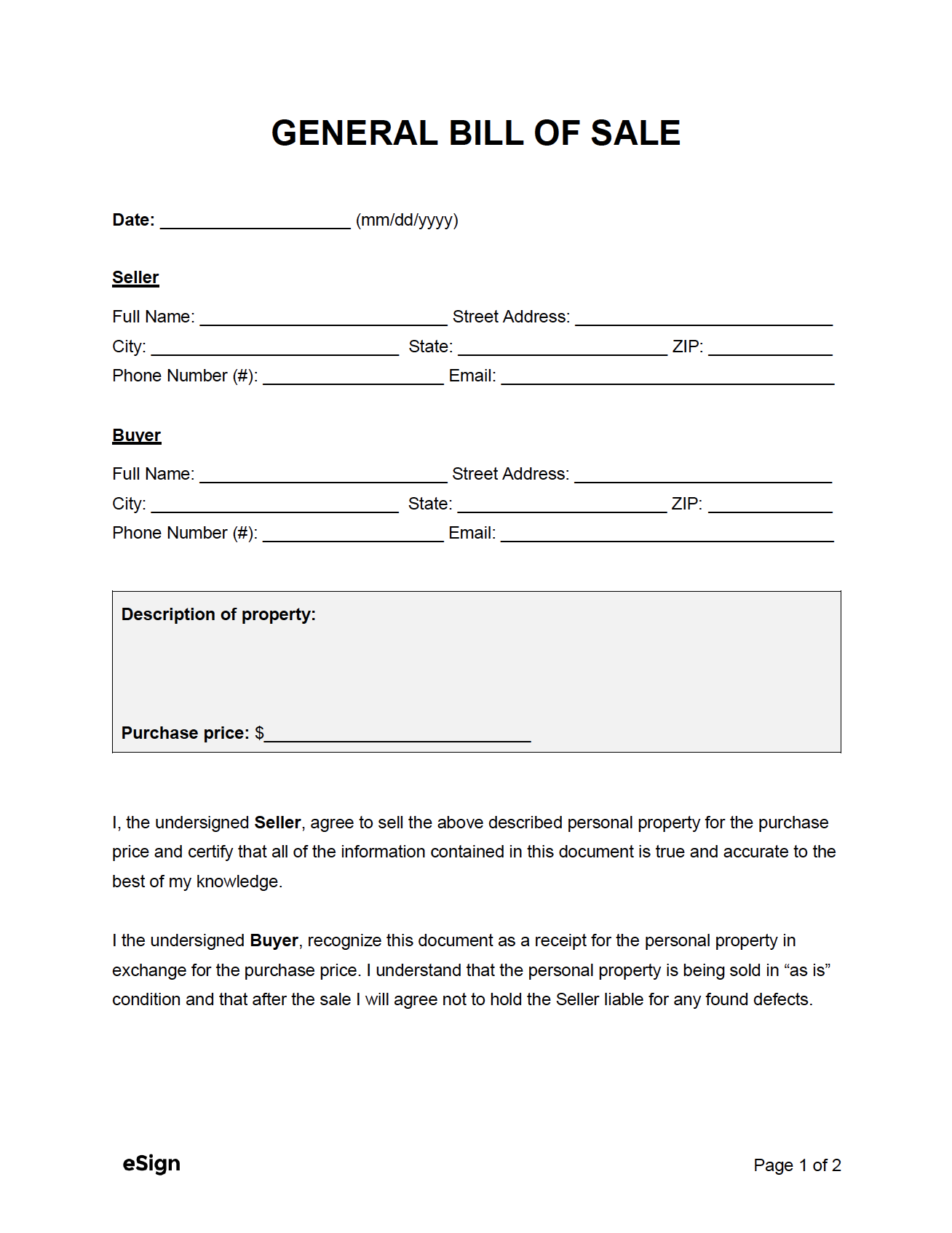 sample General Bill of Sale Form