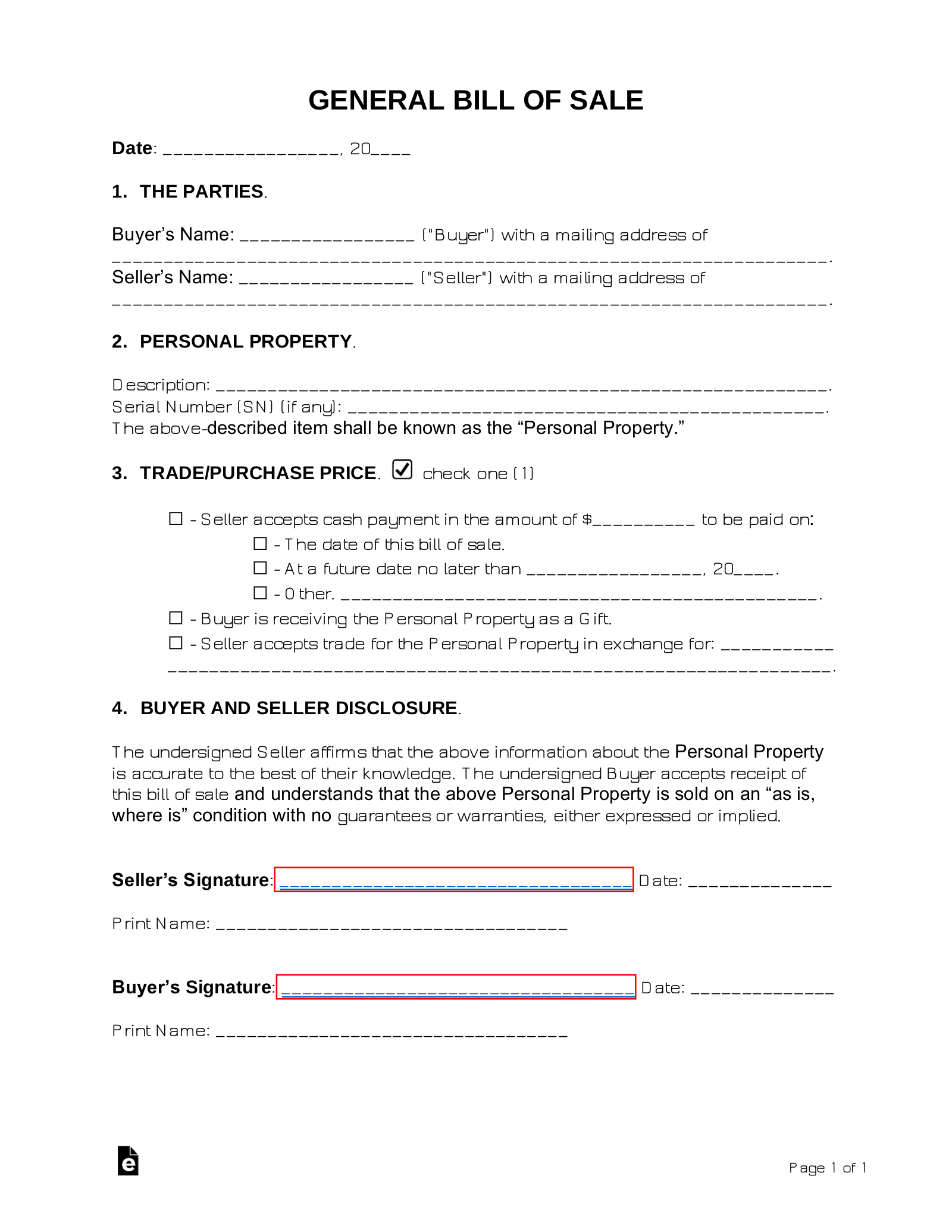 sample General Bill of Sale Form