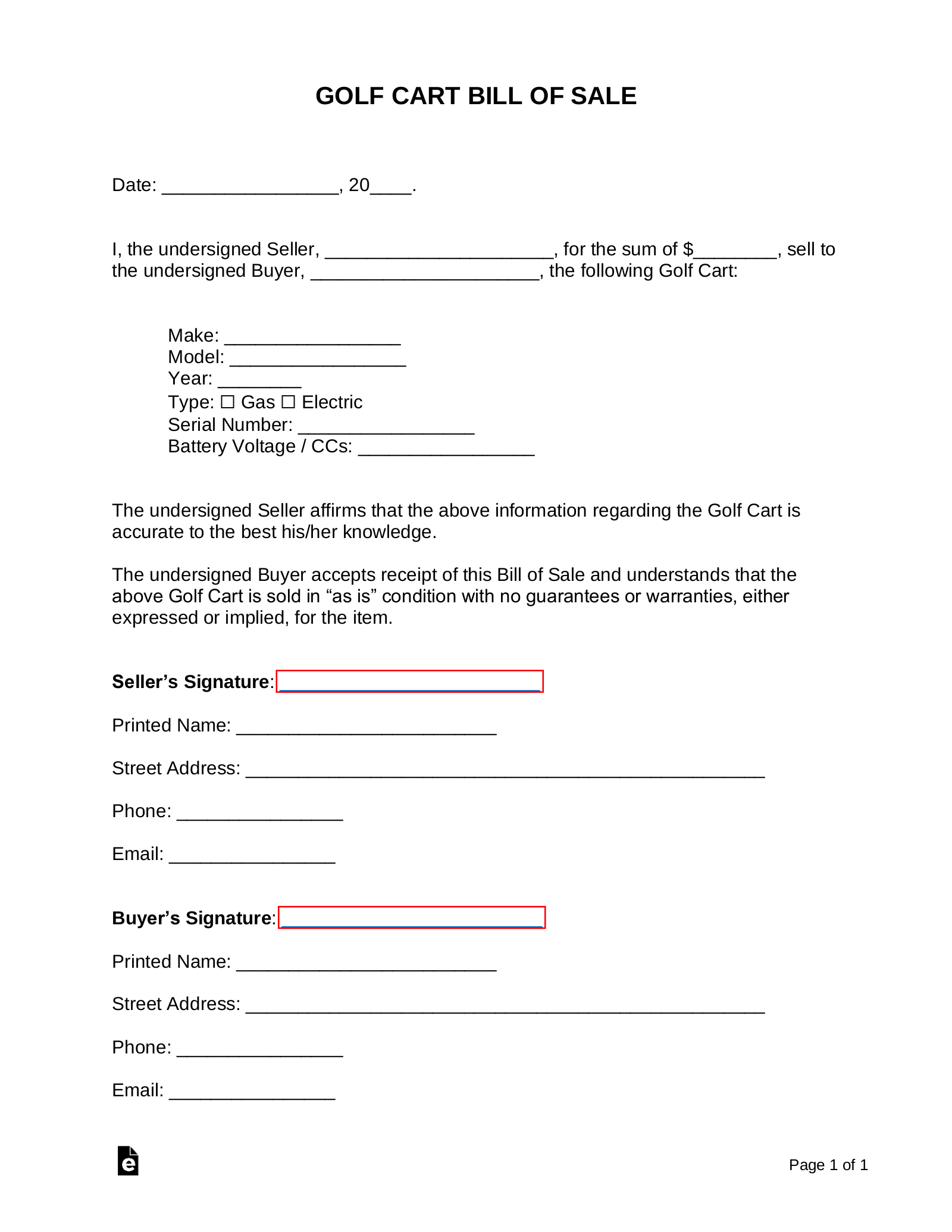 sample Golf Cart Bill of Sale Form