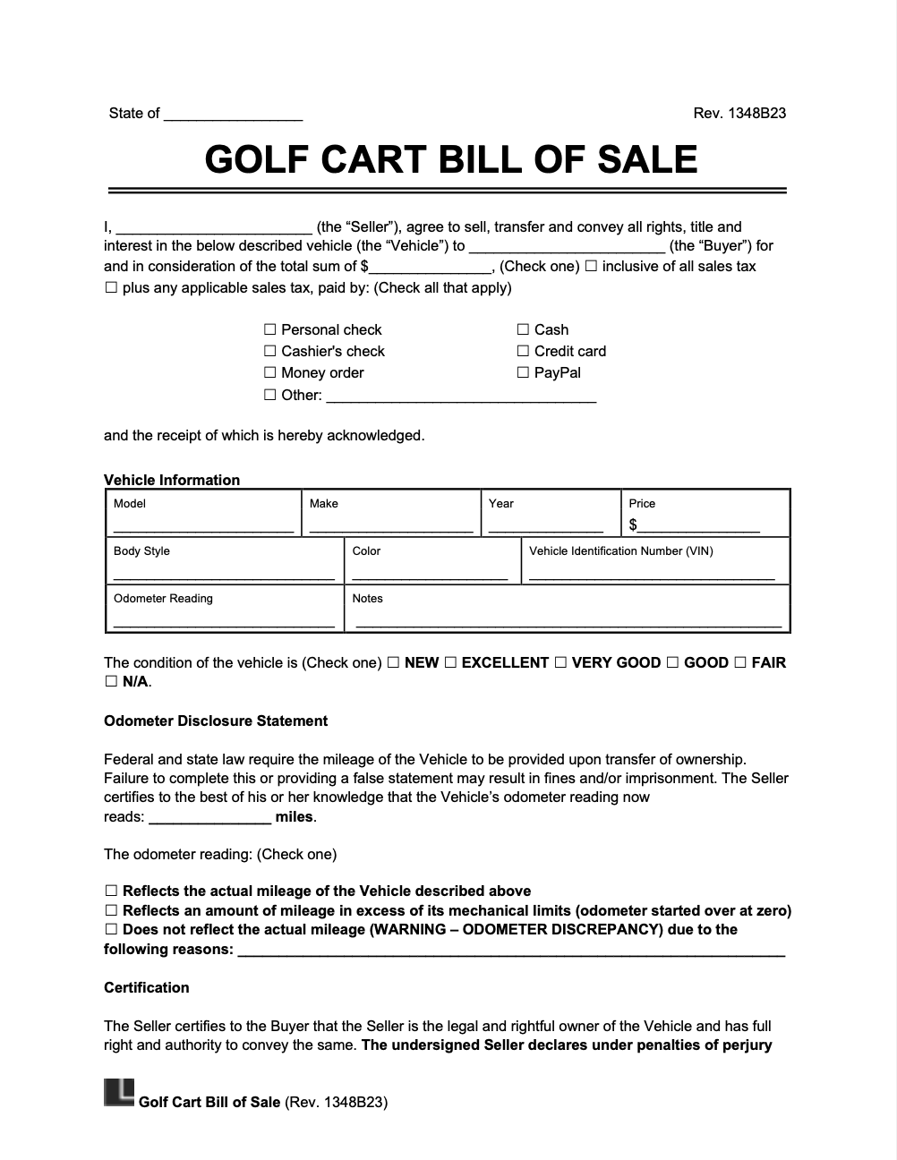 sample Golf Cart Bill of Sale Form