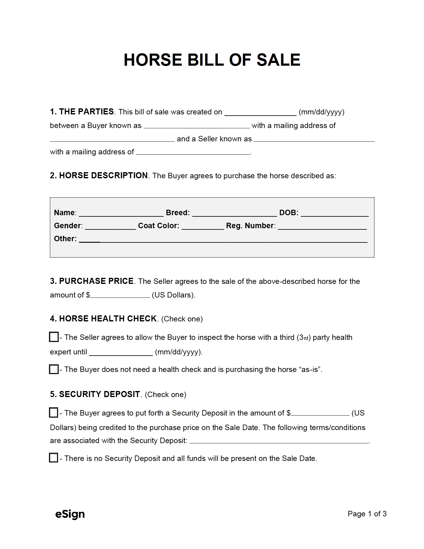 sample Horse Bill of Sale Form