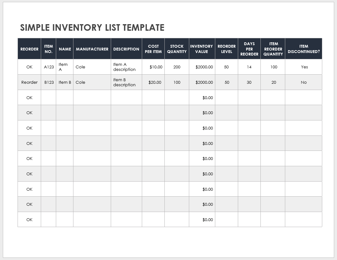 sample inventory chart template