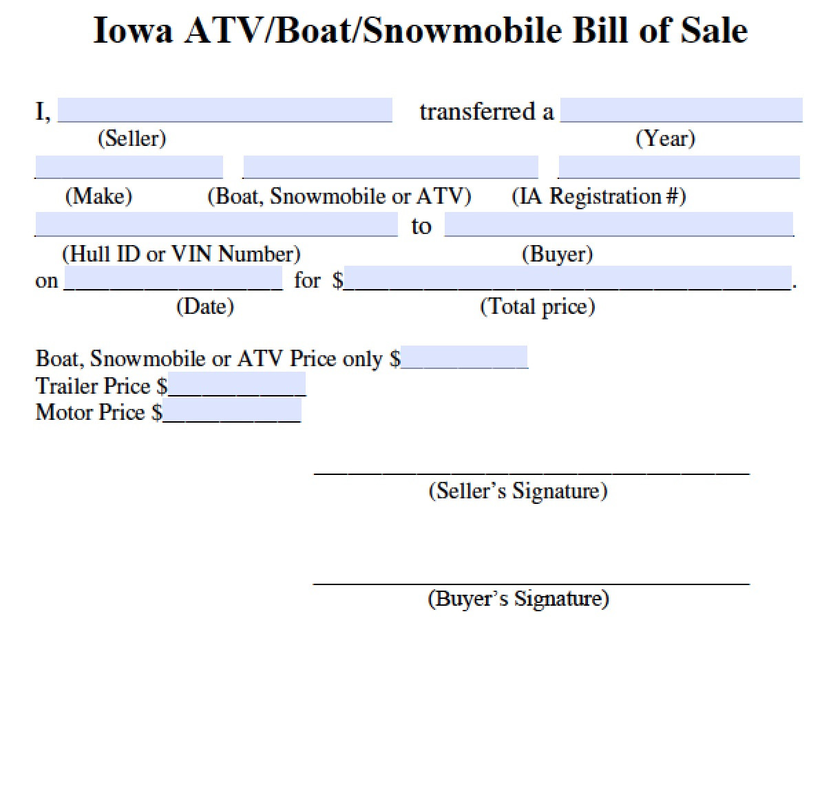 sample ATV Bill of Sale Form