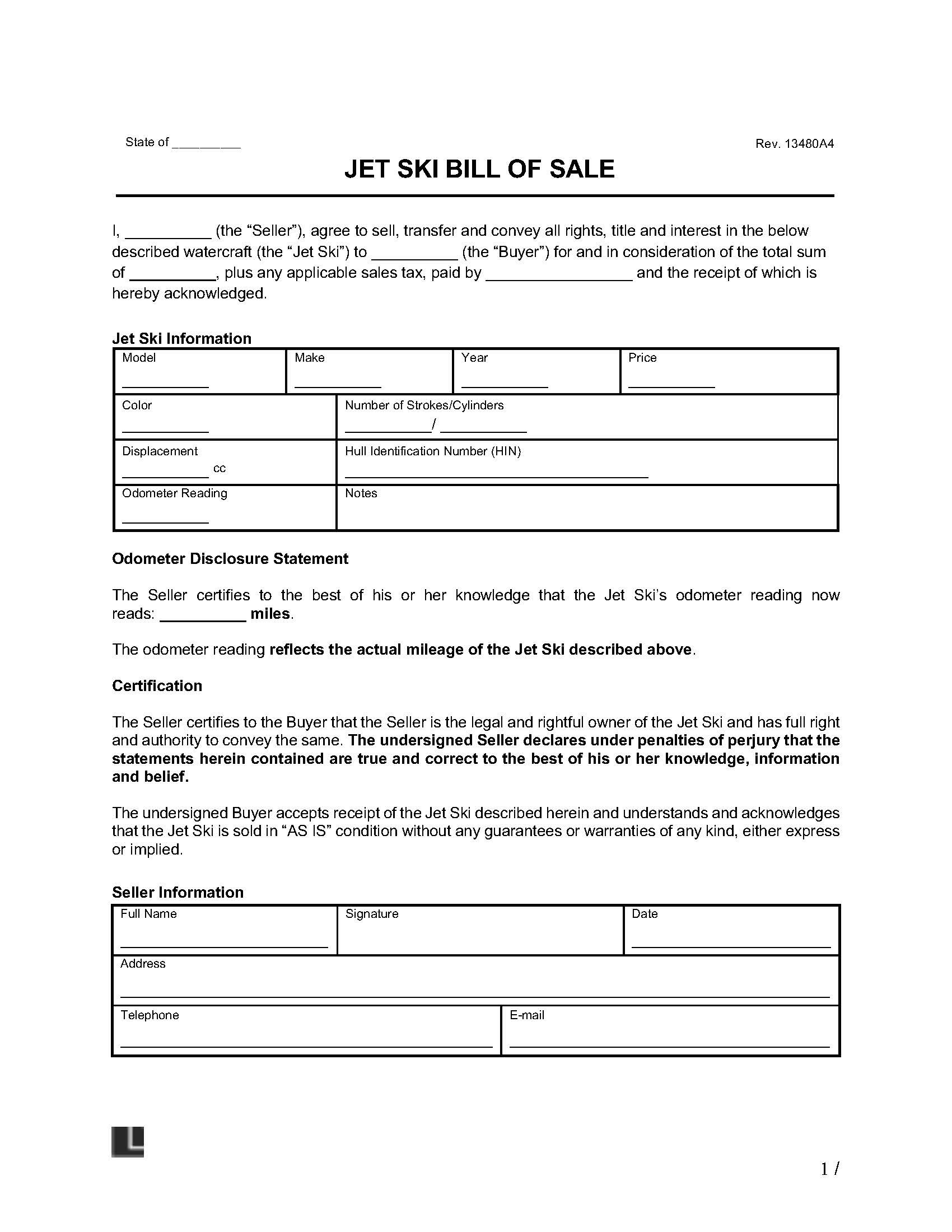 sample Jet Ski Bill of Sale Form