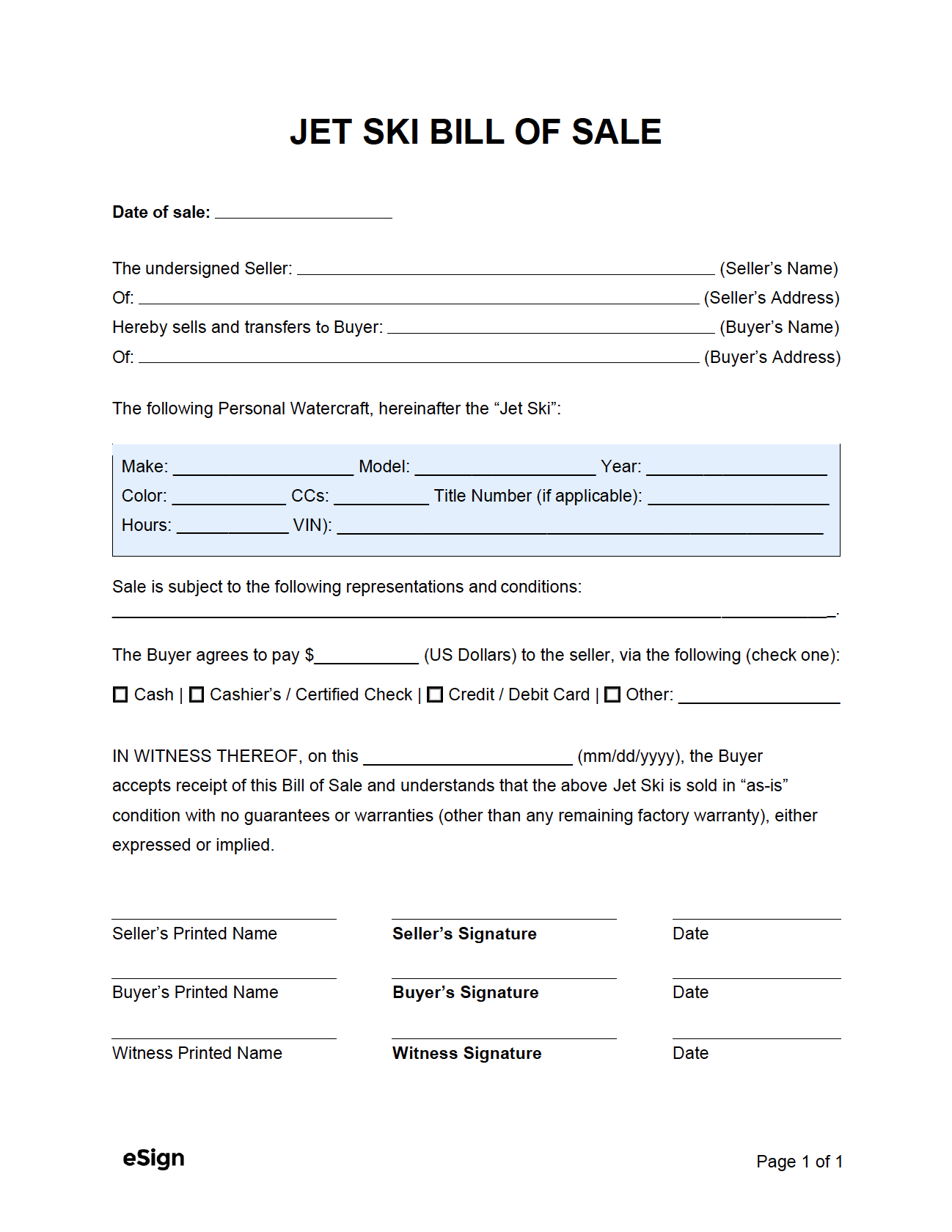 sample Jet Ski Bill of Sale Form