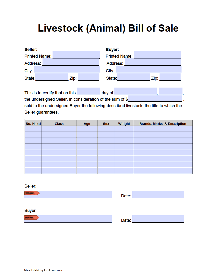 sample Livestock Bill of Sale Form