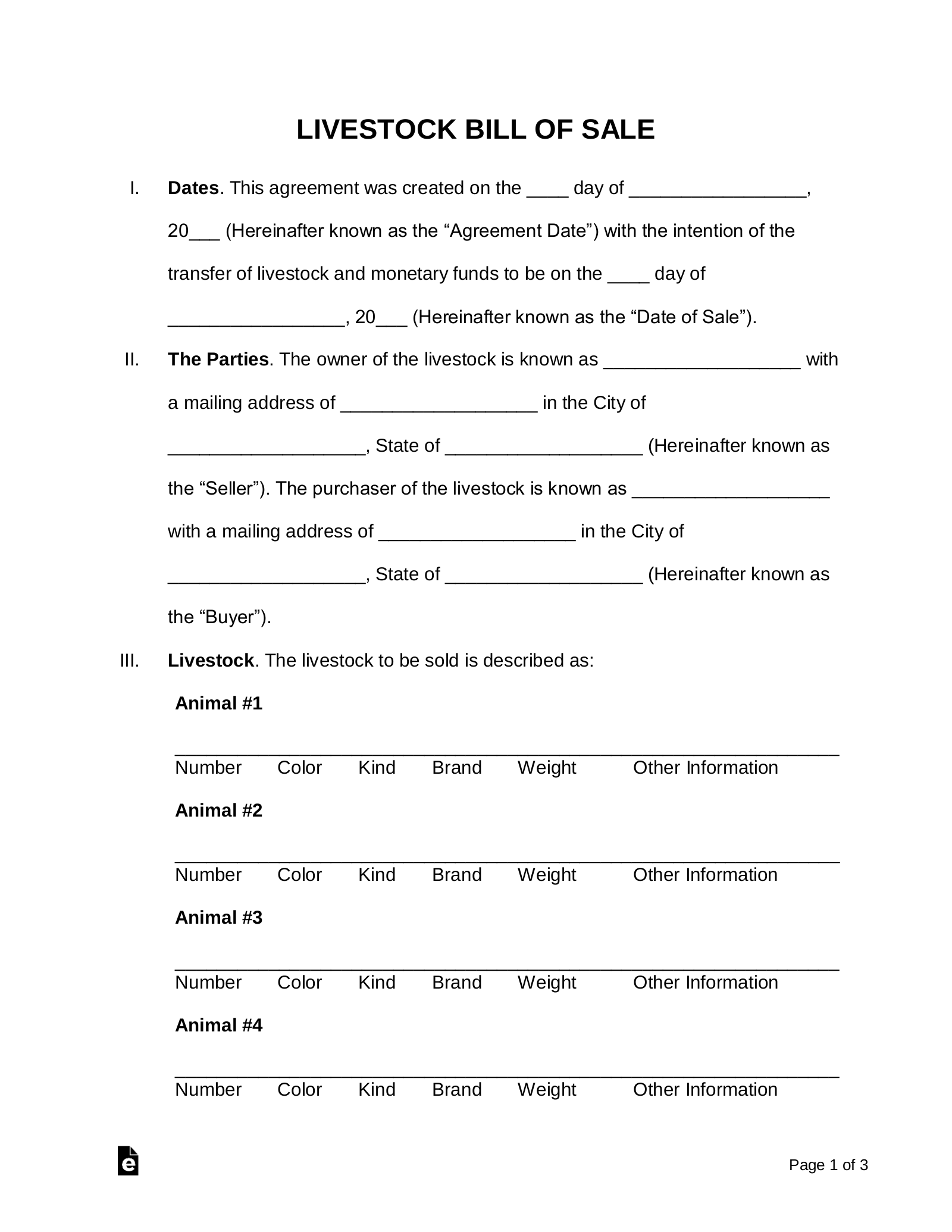 sample Livestock Bill of Sale Form