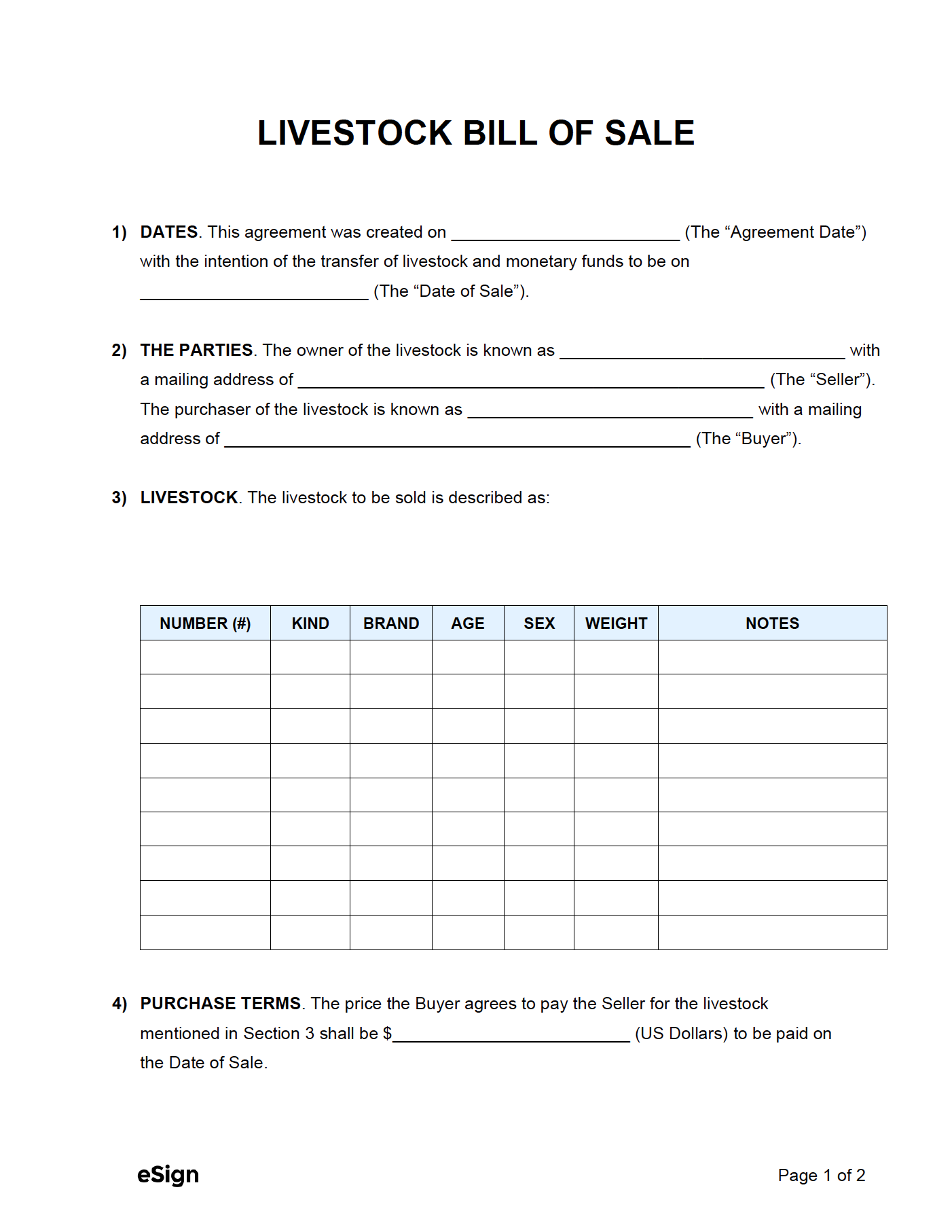 sample Livestock Bill of Sale Form