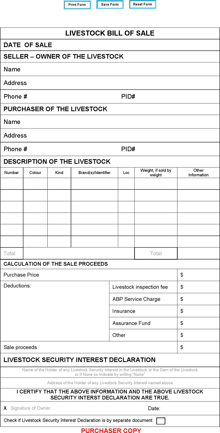 sample Livestock Bill of Sale Form