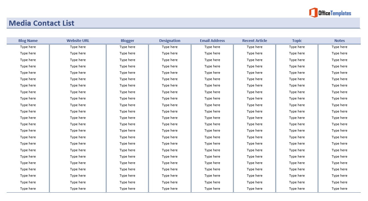 sample Media Contact List Template