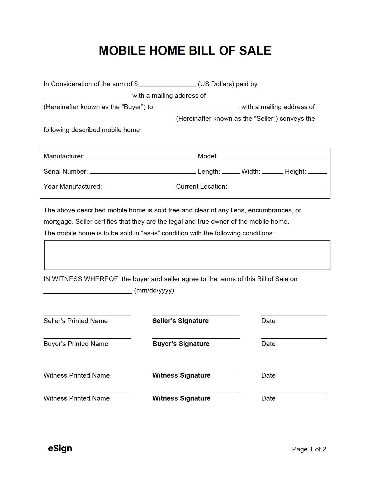 sample Mobile Home Bill of Sale Form