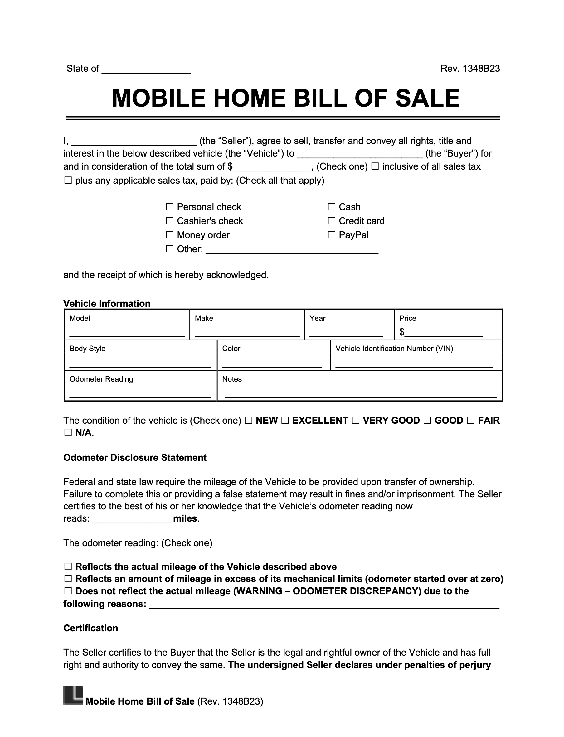 sample Mobile Home Bill of Sale Form