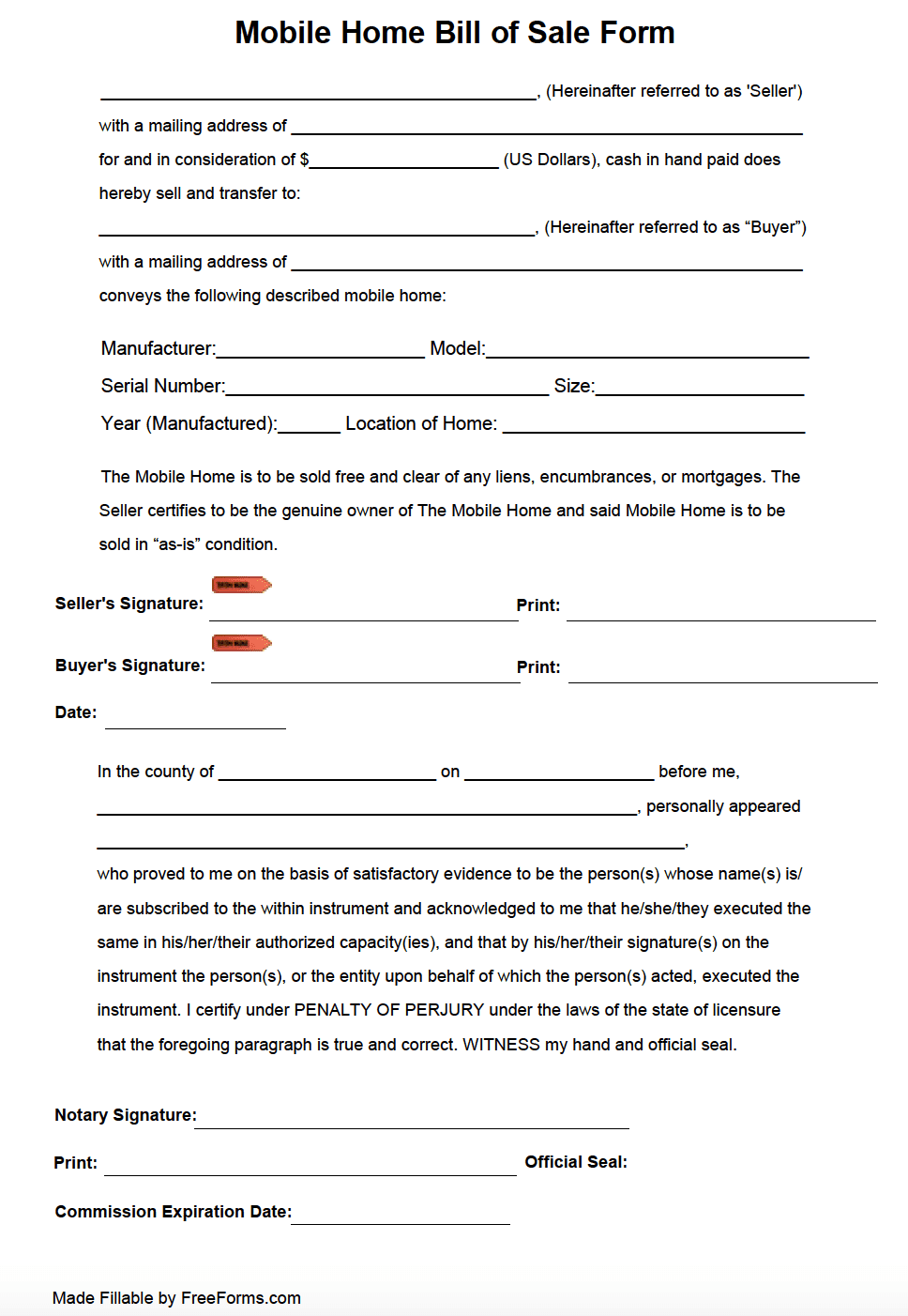 sample Mobile Home Bill of Sale Form