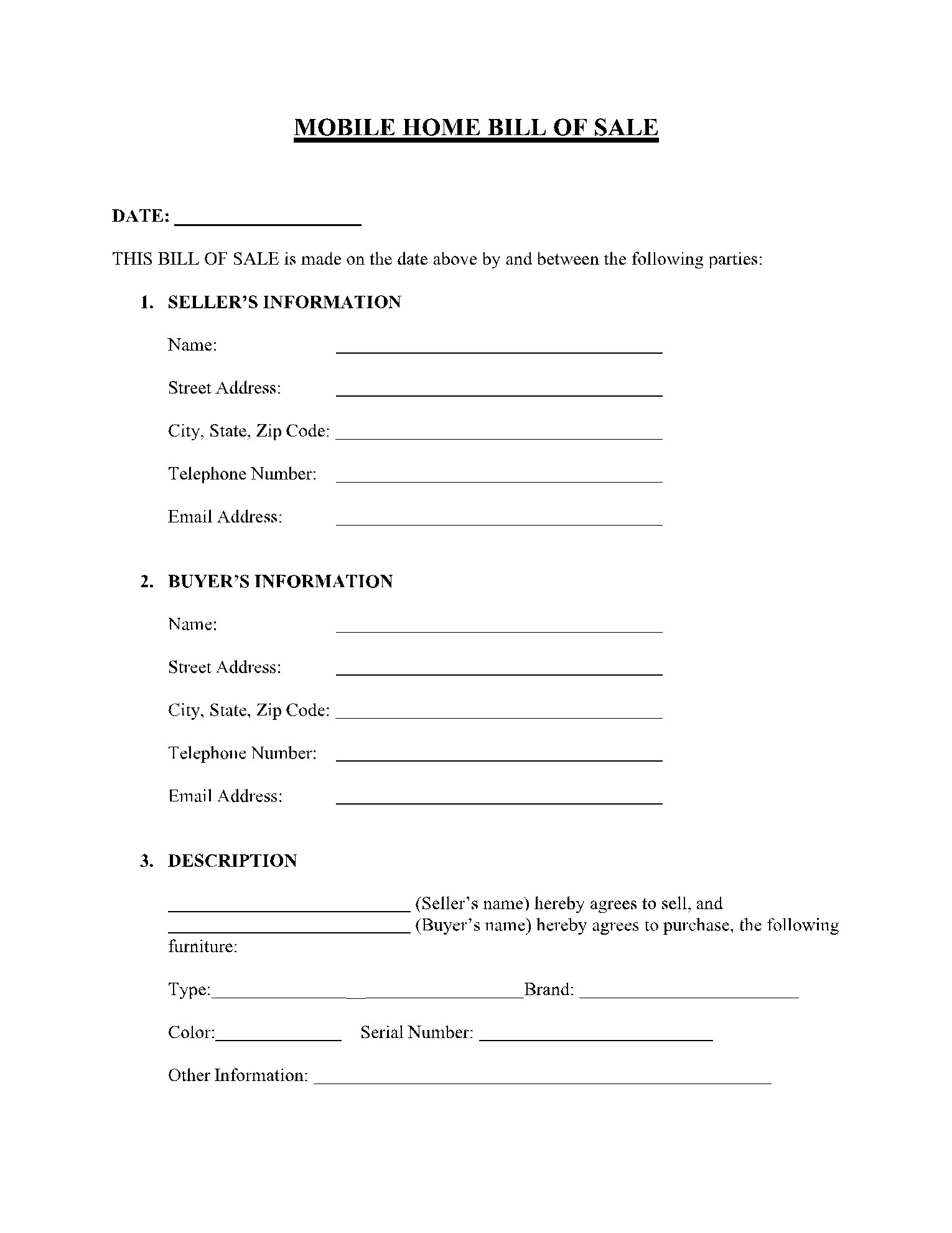 sample Mobile Home Bill of Sale Form