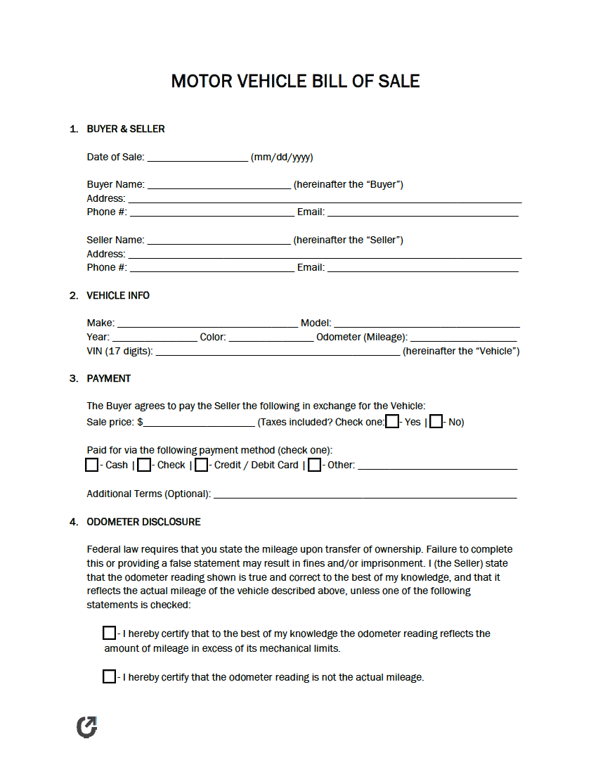 sample Motor Vehicle Bill of Sale Template