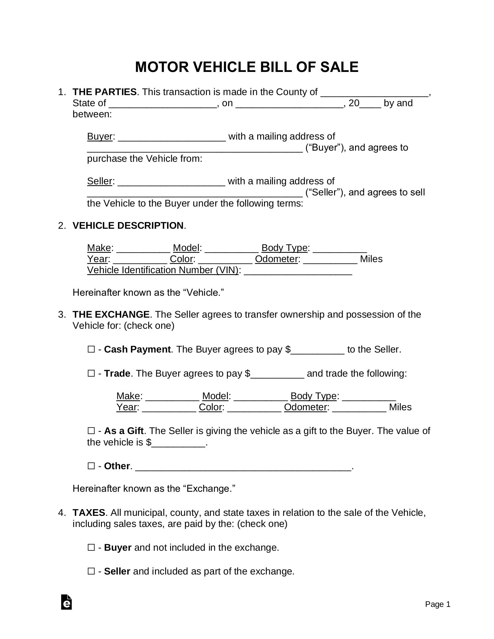 sample Motor Vehicle Bill of Sale Template