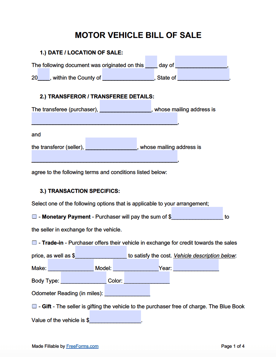 sample Motor Vehicle Bill of Sale Template