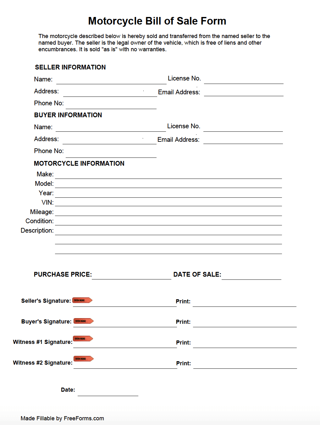 sample Bill of Sale Form For Motorcycle