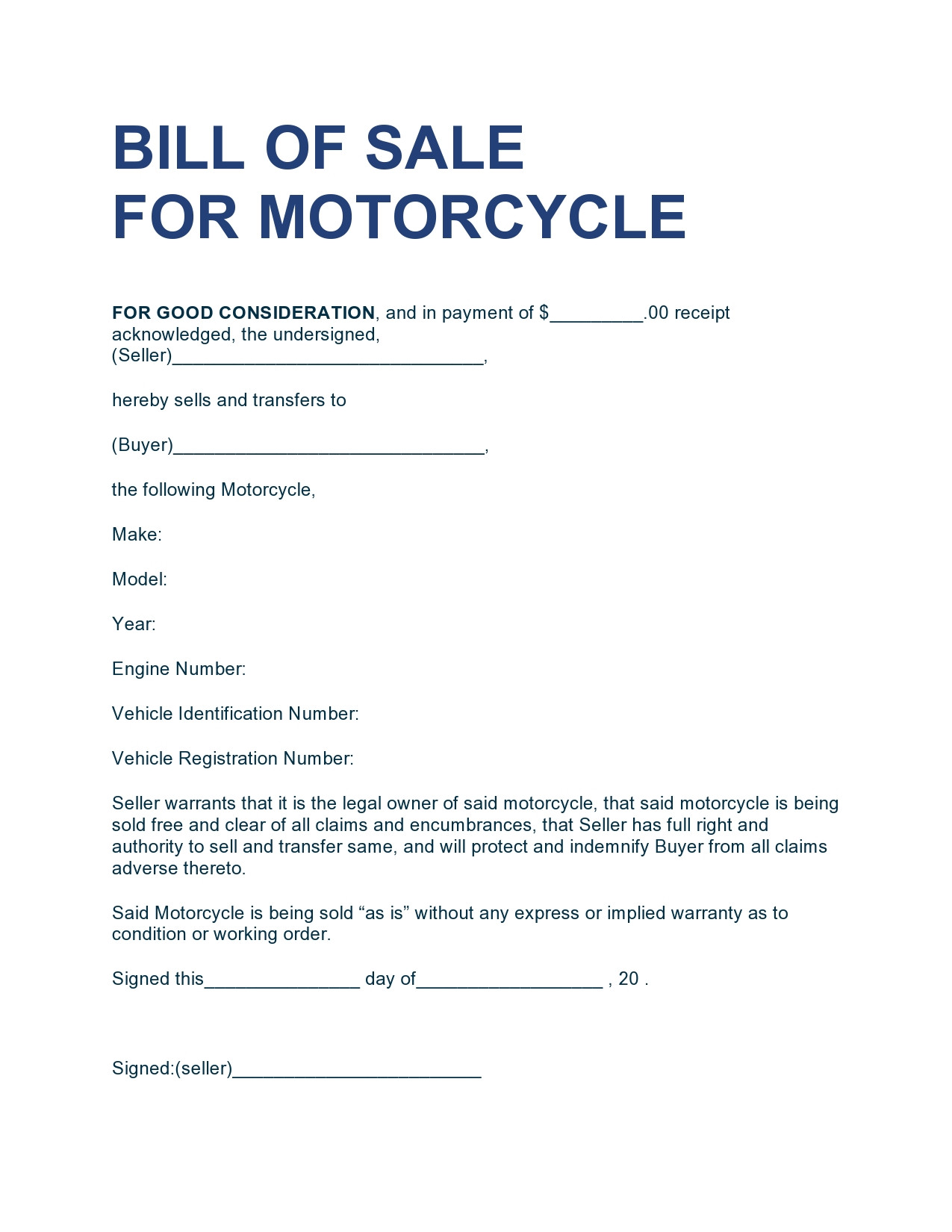 sample Bill of Sale Form For Motorcycle