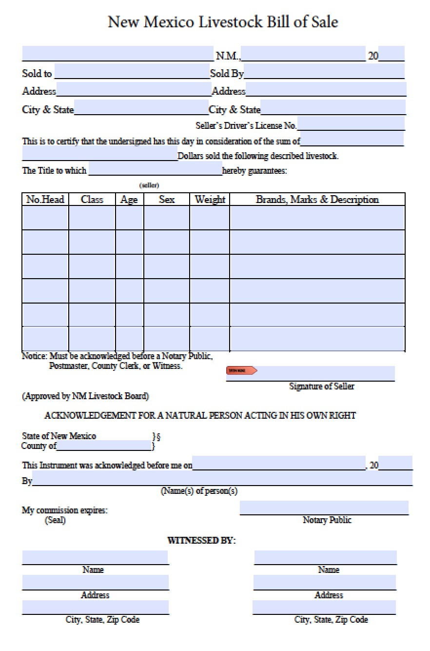 sample Livestock Bill of Sale Form