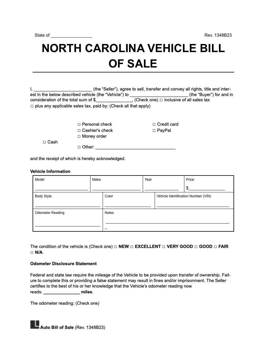 sample Generic Vehicle Bill of Sale Form