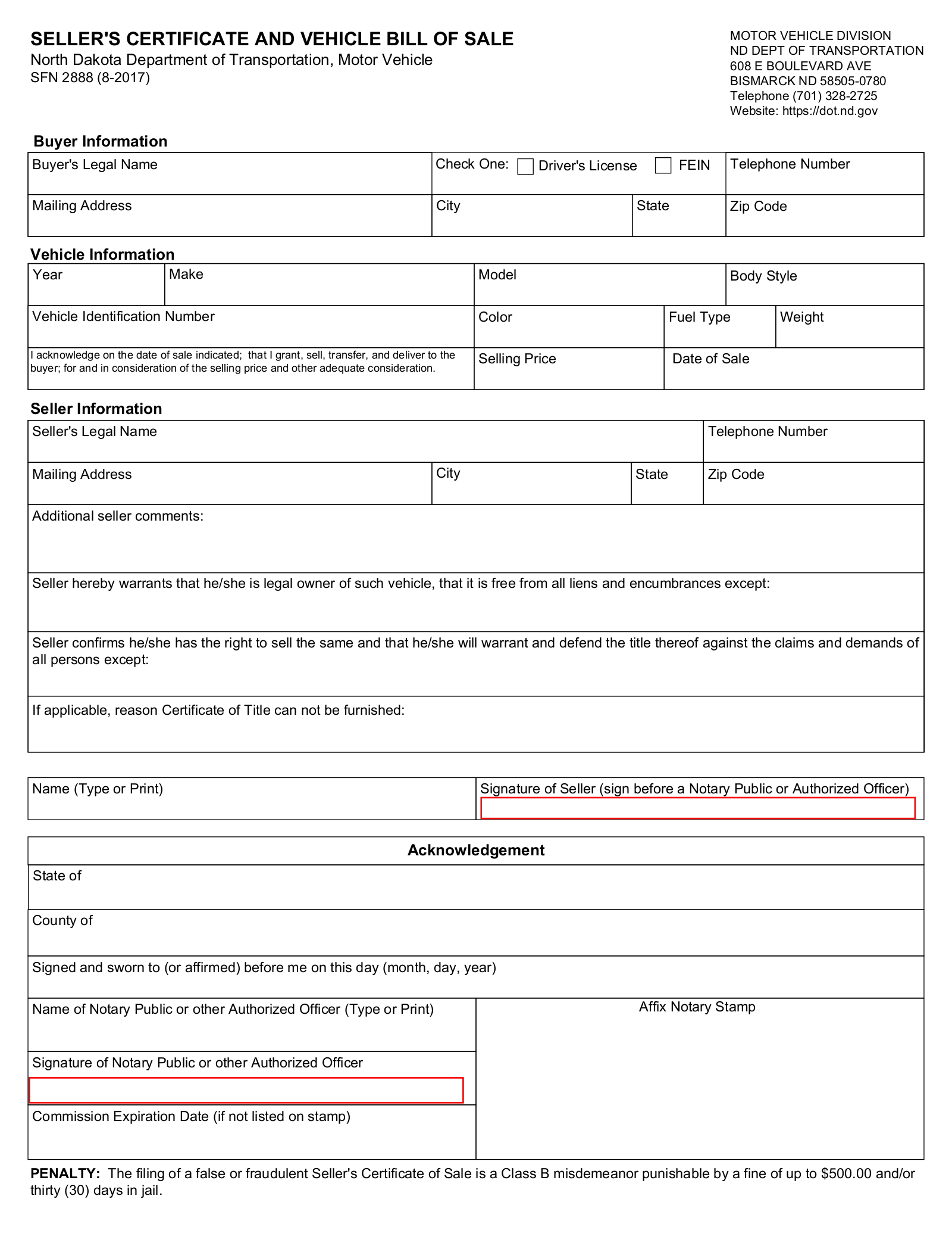 sample Notarized Bill of Sale Form