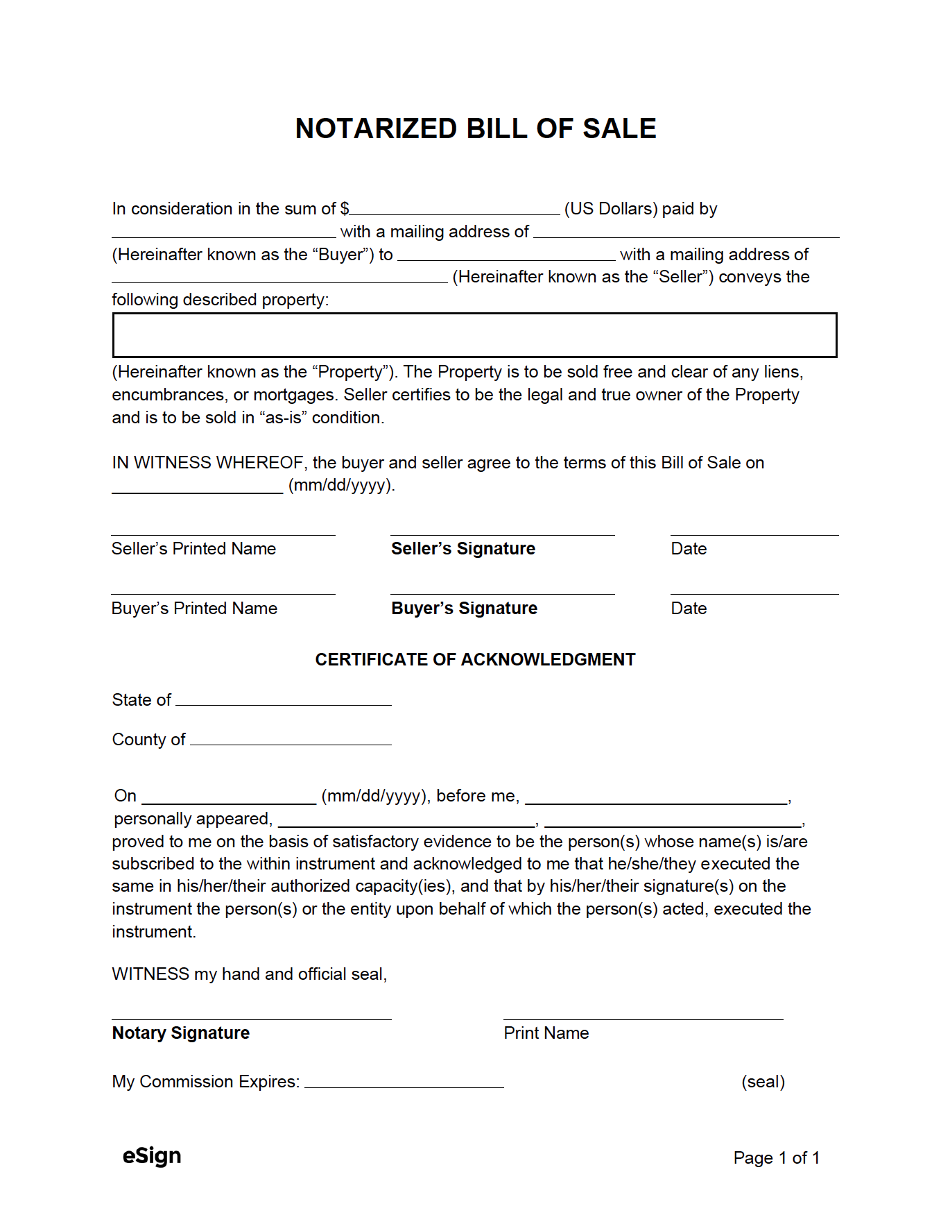 sample Notarized Bill of Sale Form