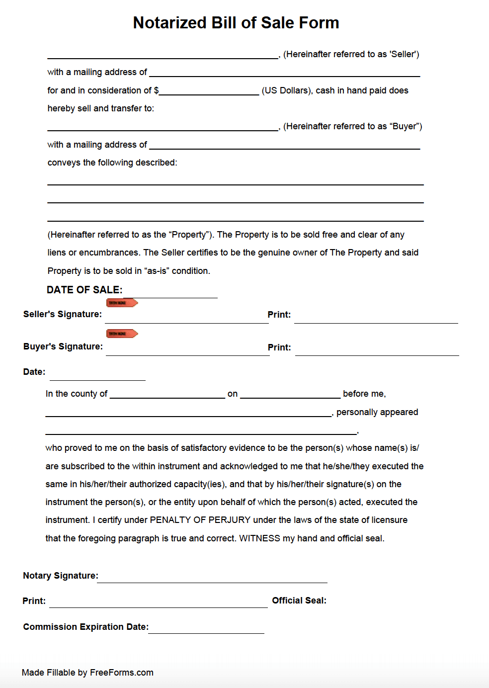 sample Notarized Bill of Sale Form