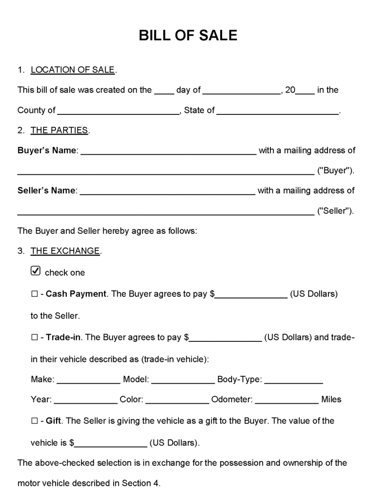 sample Bill of Sale Form For Motorcycle