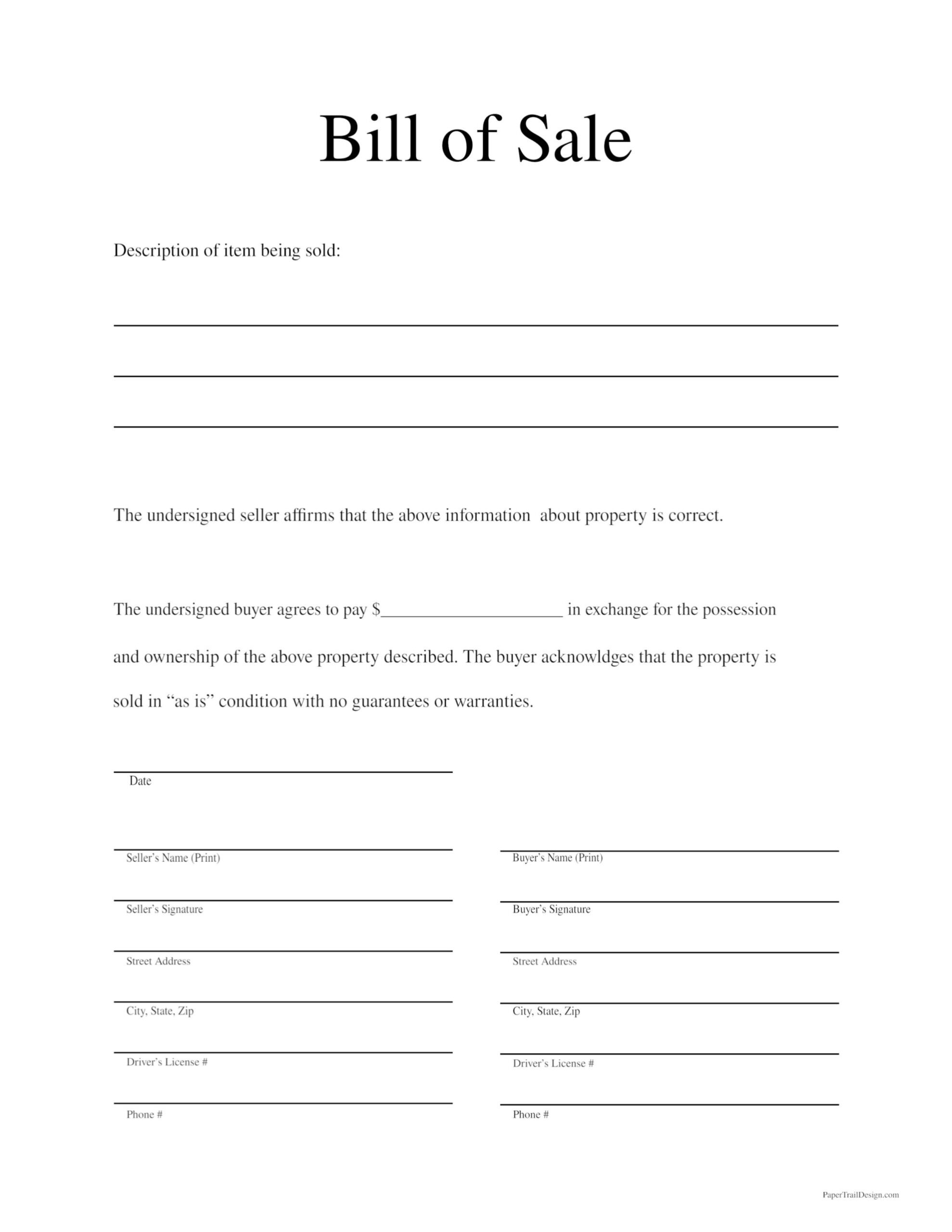 sample General Bill of Sale Form