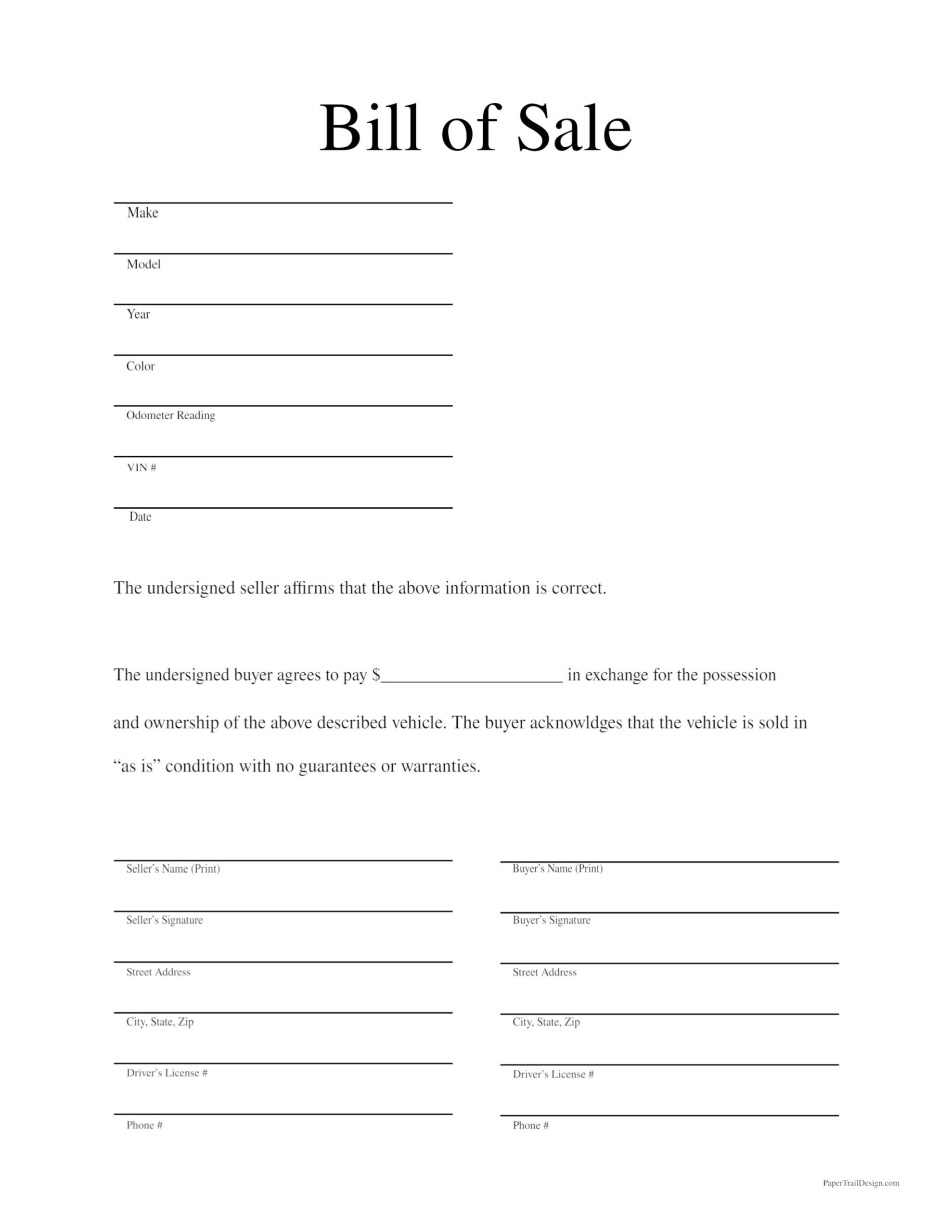 sample Generic Vehicle Bill of Sale Form