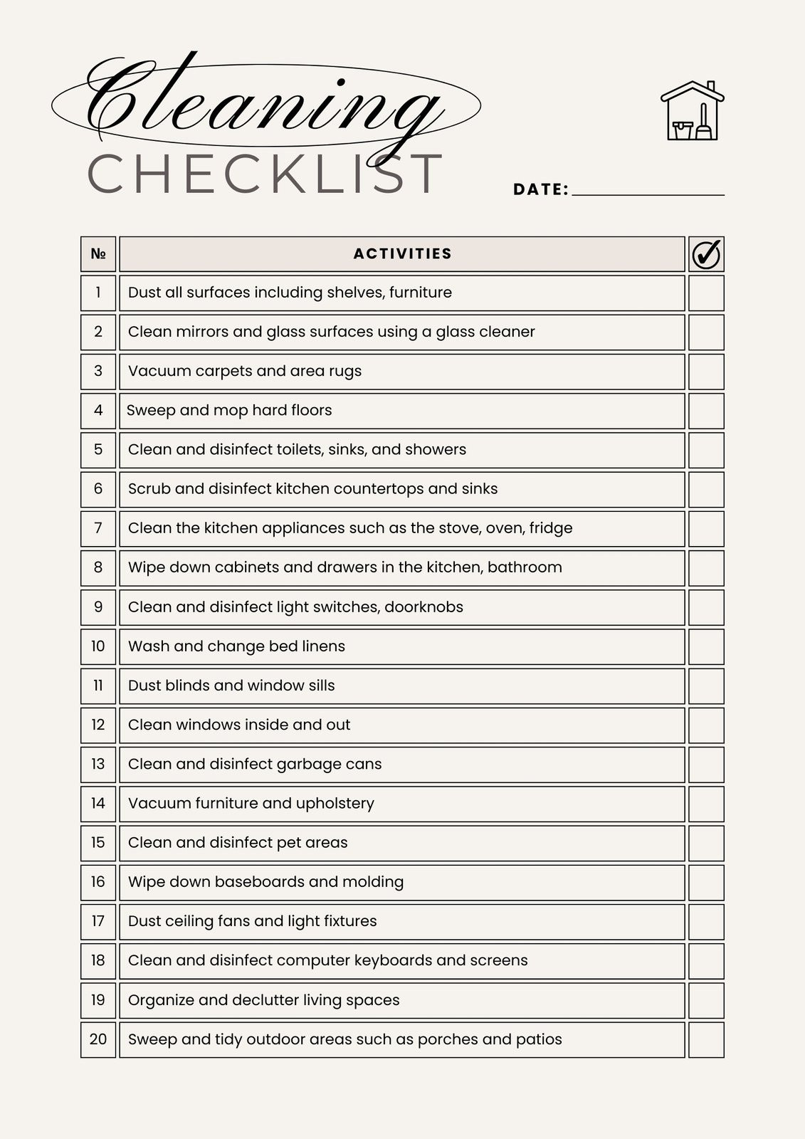 sample room cleaning checklist template