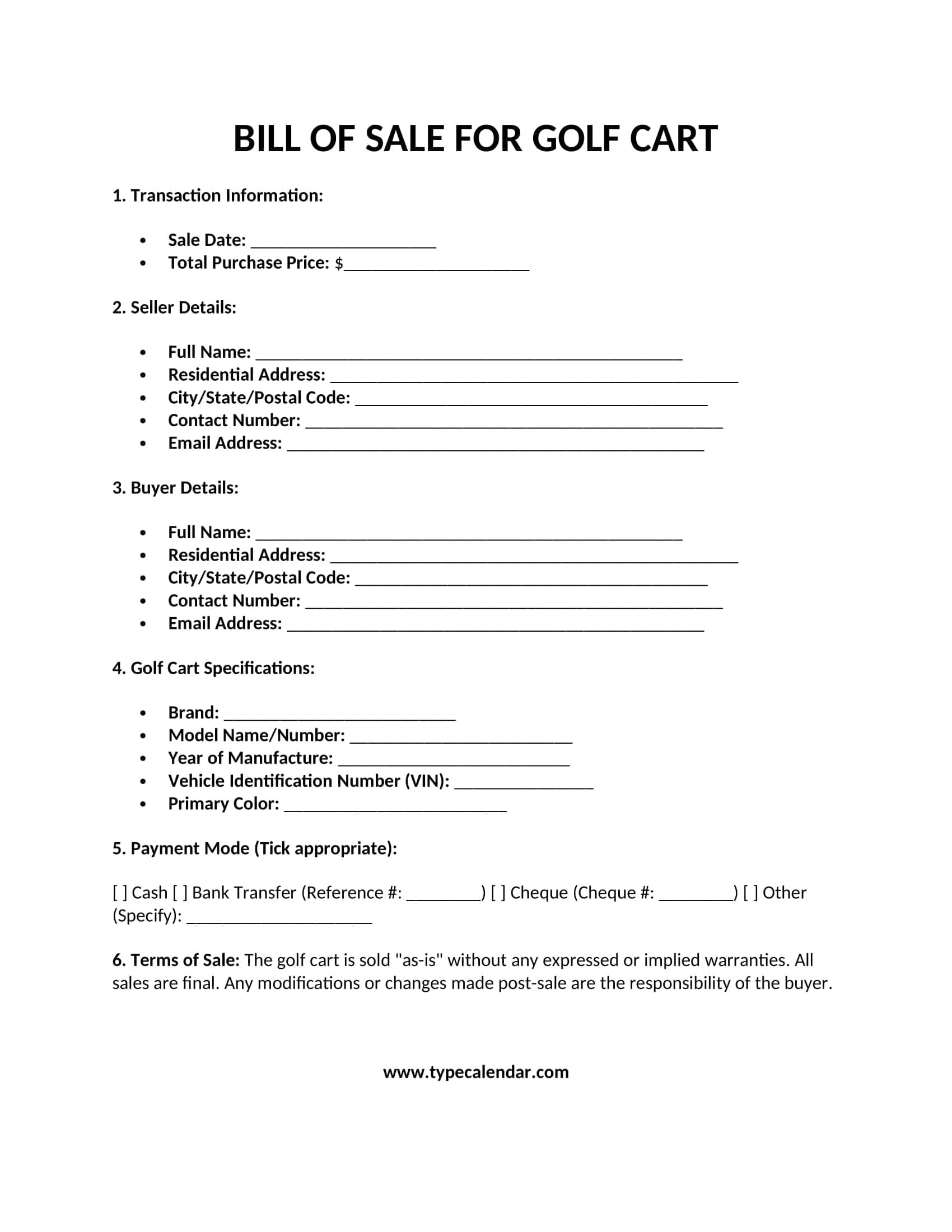 sample Golf Cart Bill of Sale Form