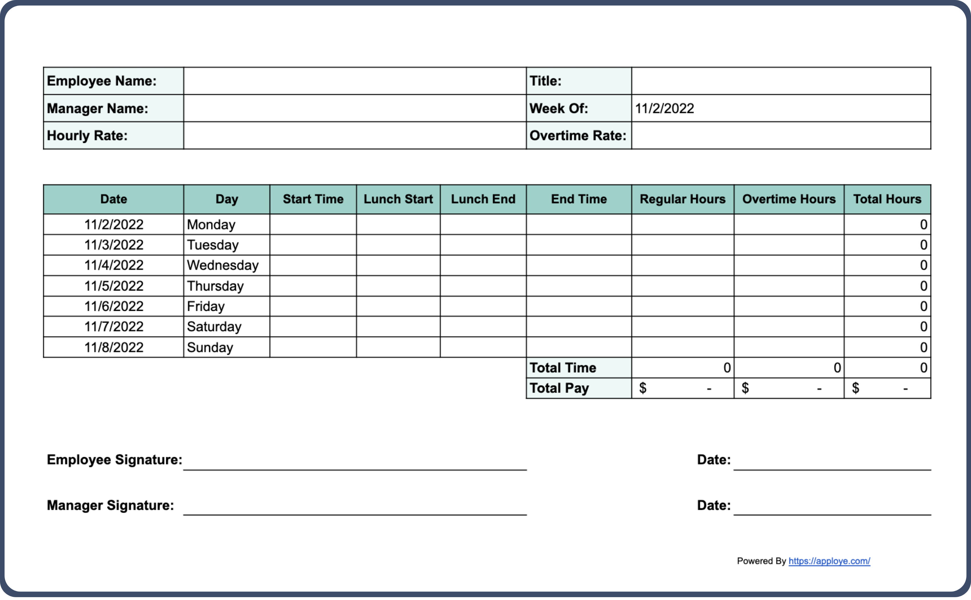 sample employment timesheet template