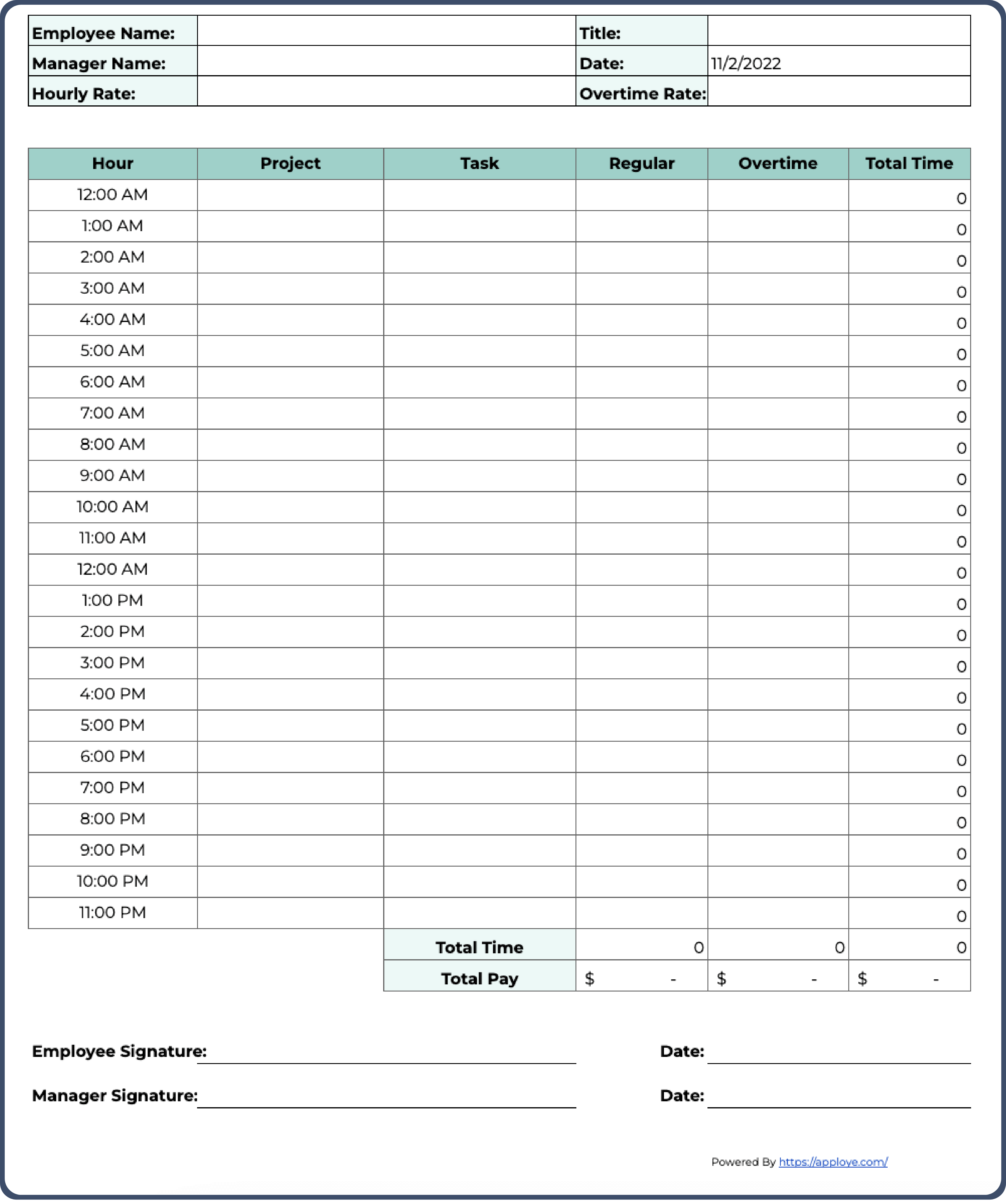 sample daily timesheet printable template