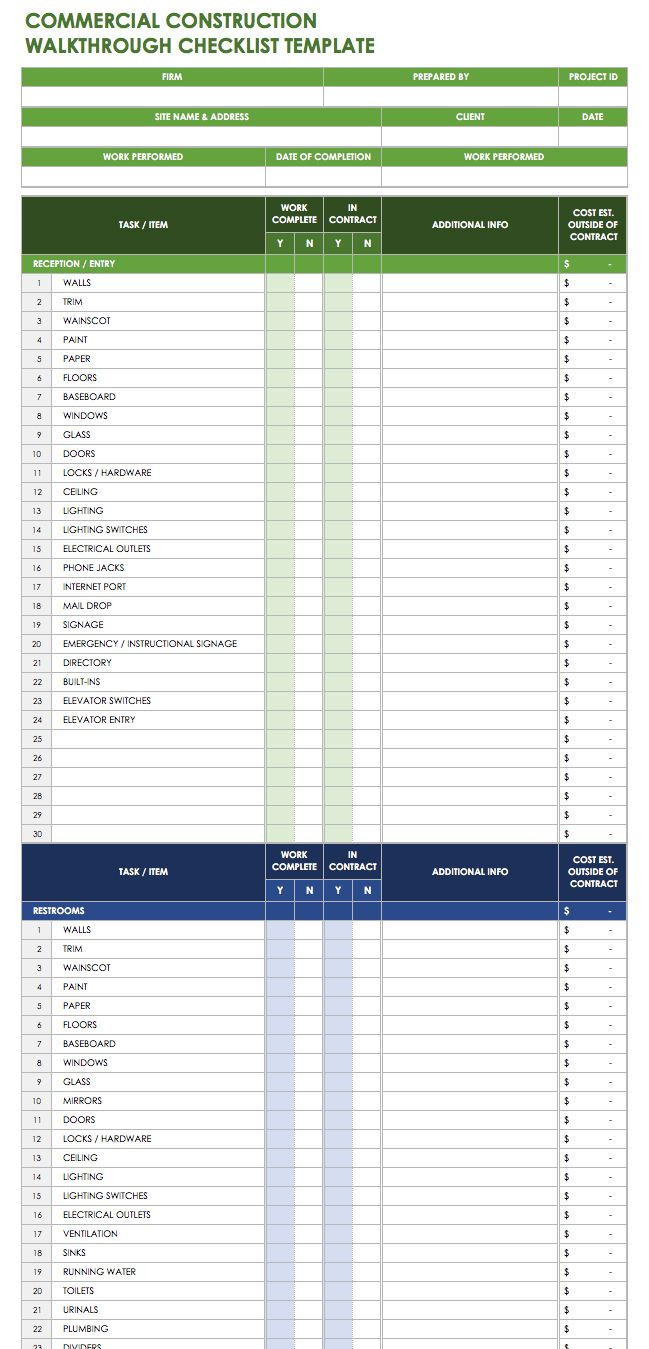 sample Construction Checklist Template