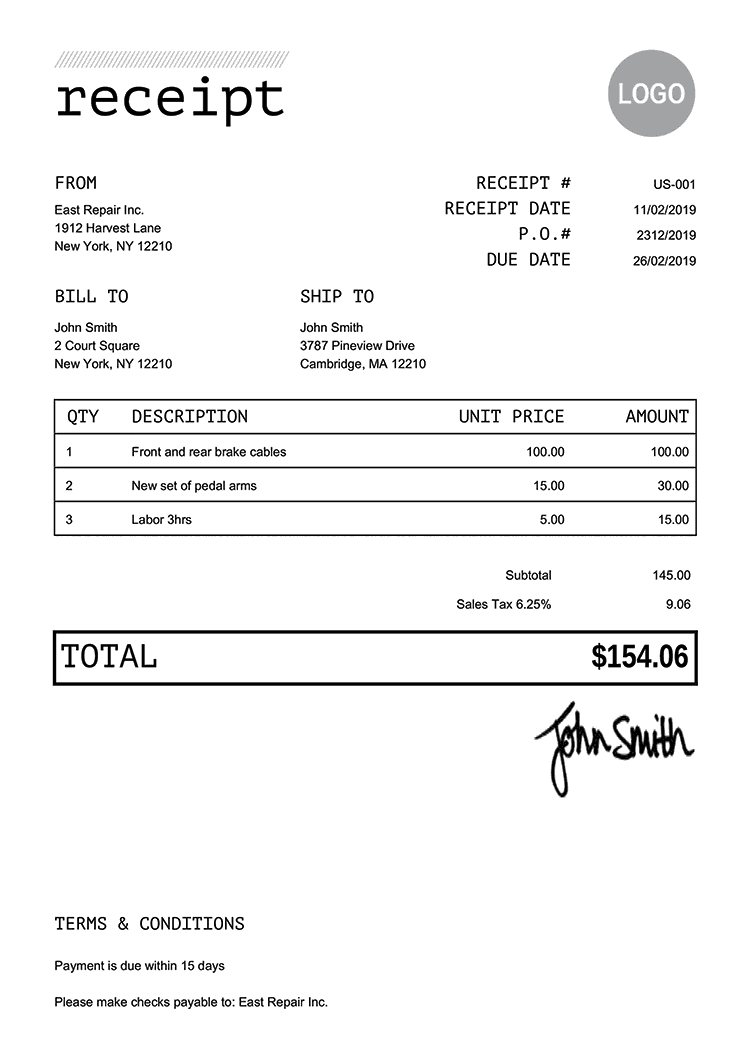 sample bill receipt template