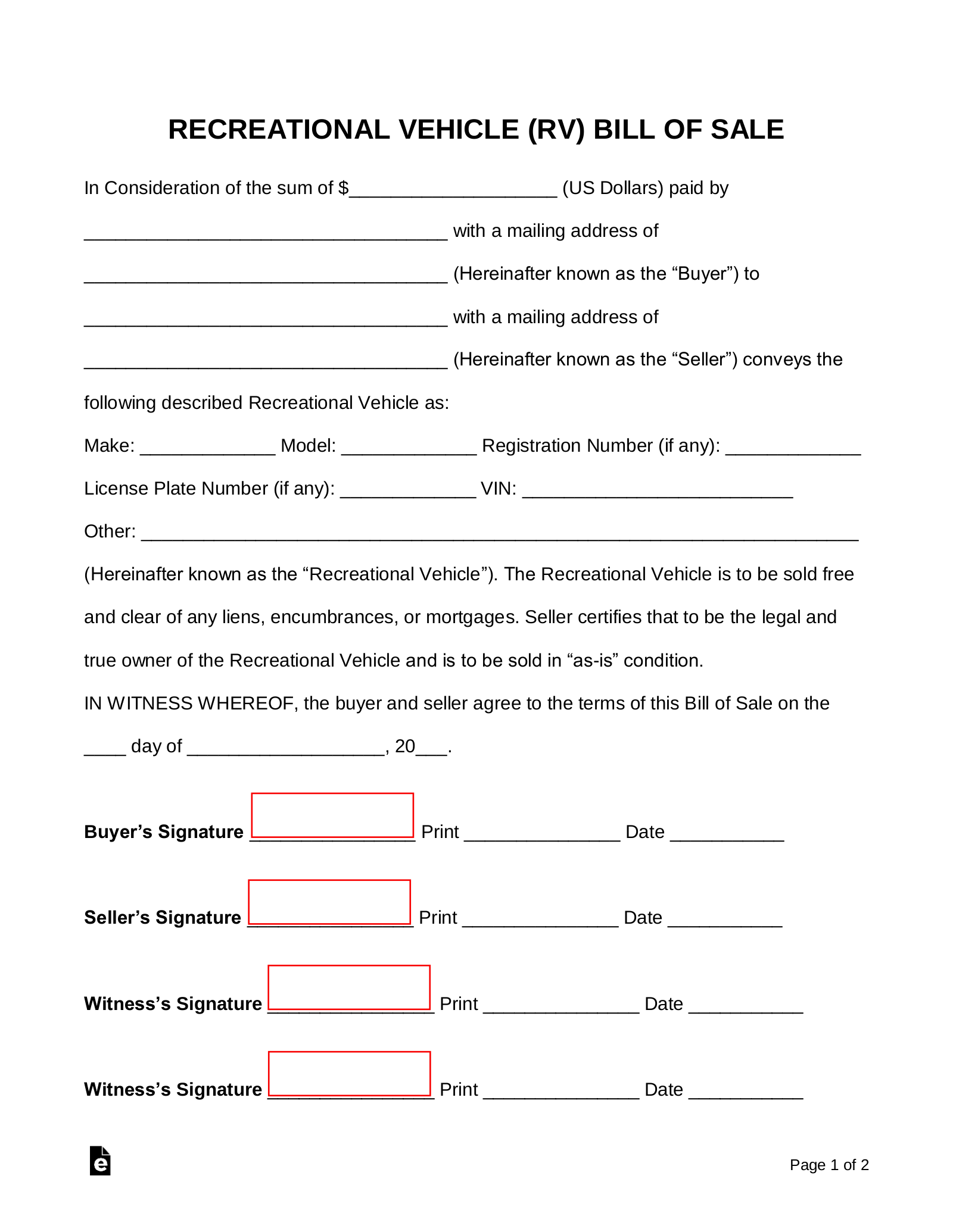 sample Bill of Sale Template Rv