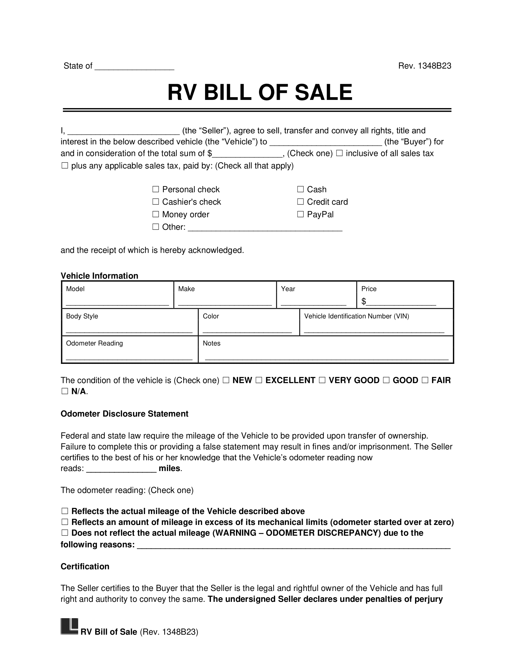 sample Bill of Sale Template Rv