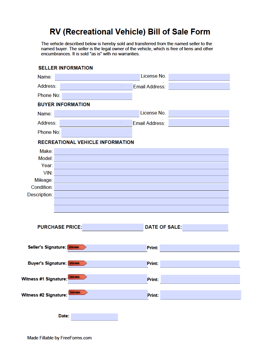 sample Bill of Sale Template Rv