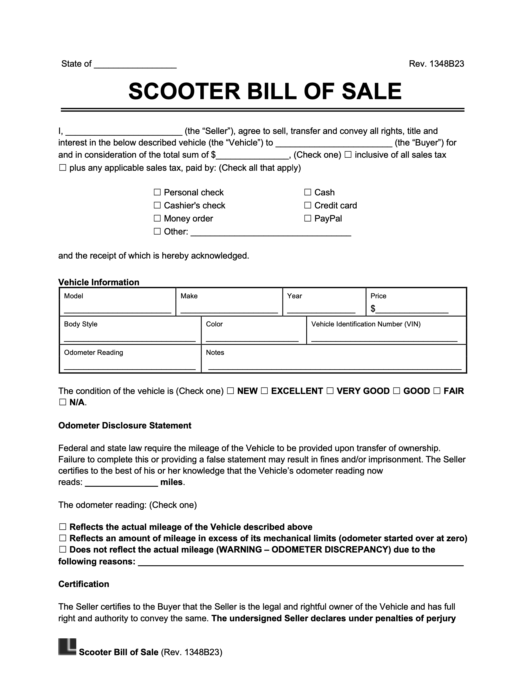 sample Moped/Scooter Bill of Sale Form