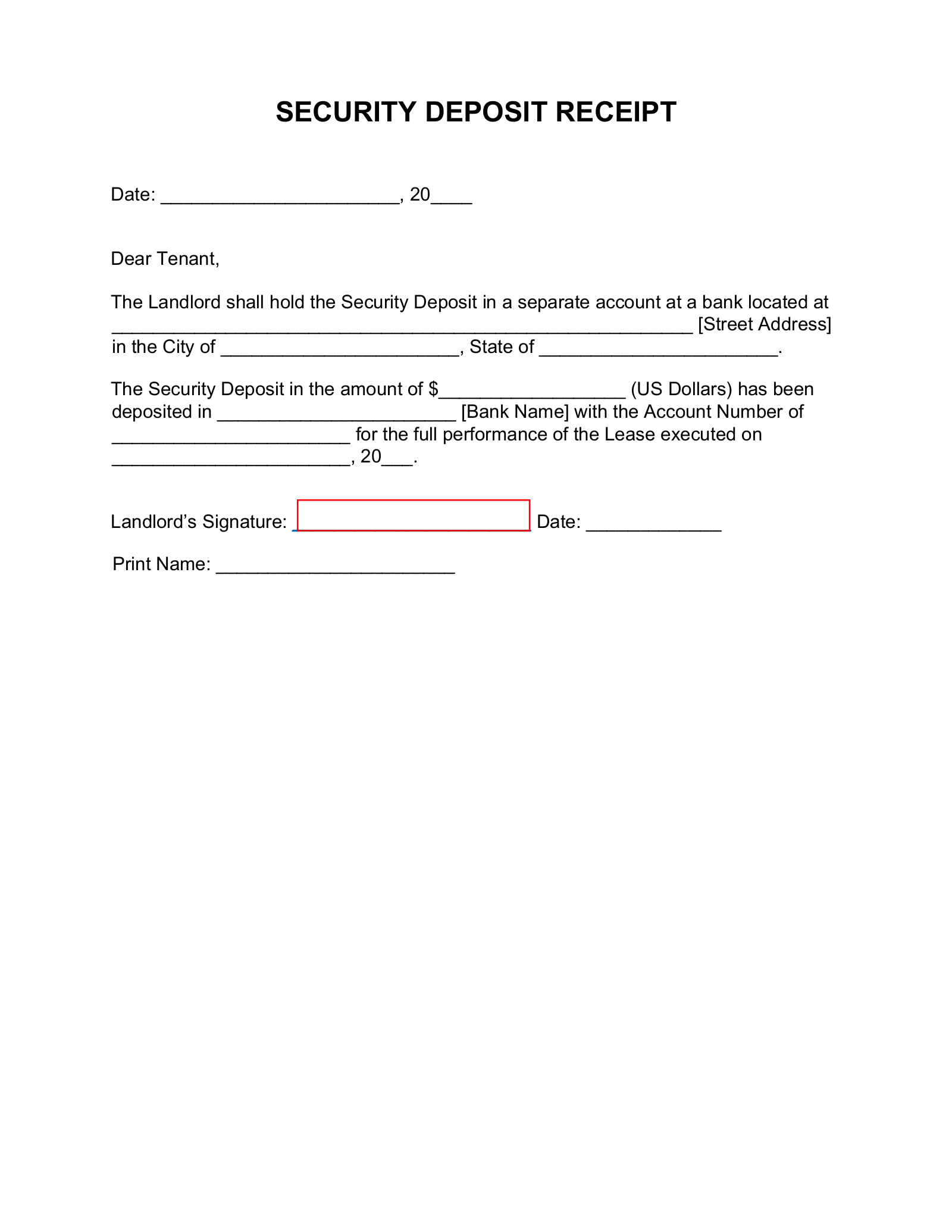 sample deposit receipt template