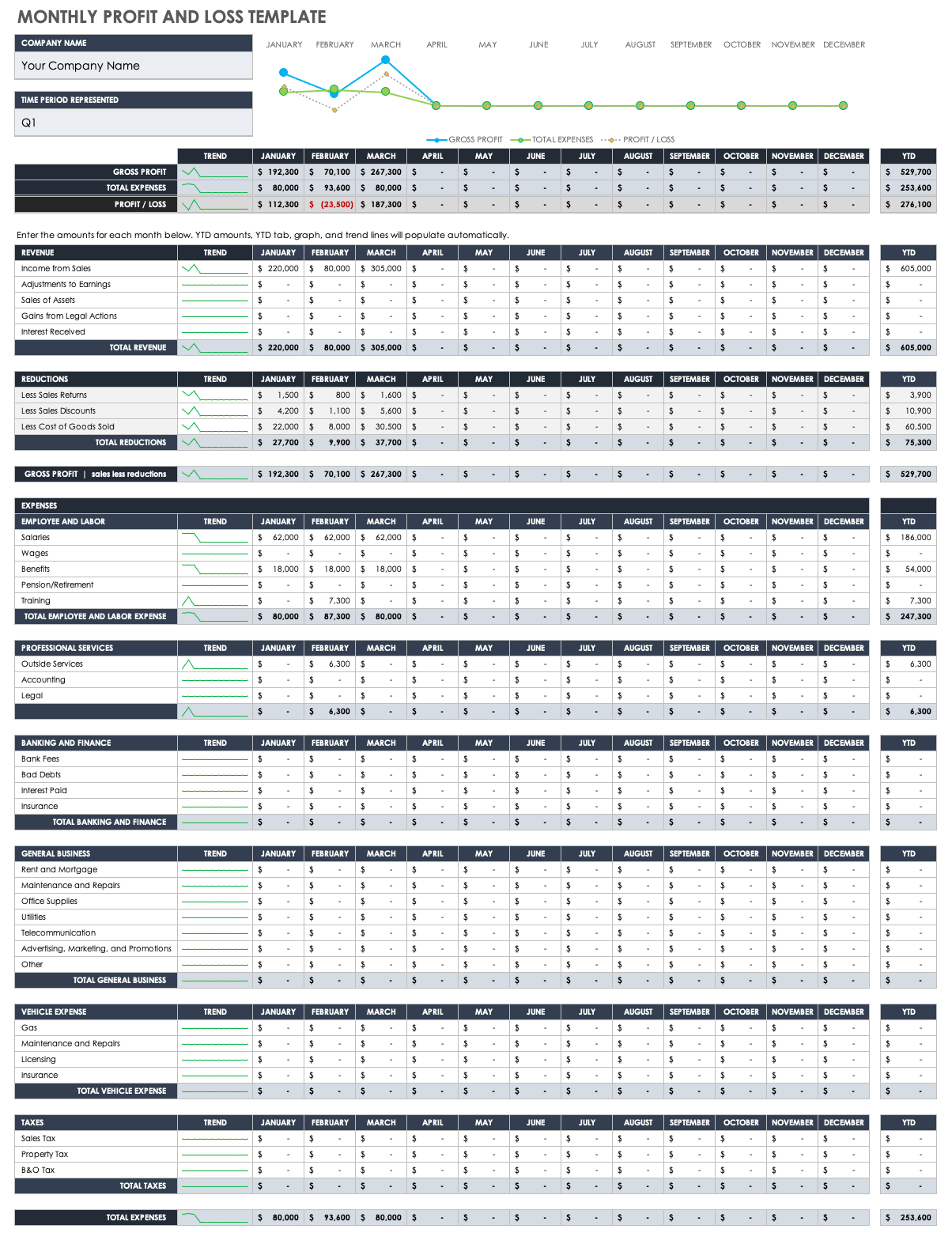 sample monthly profit and loss template