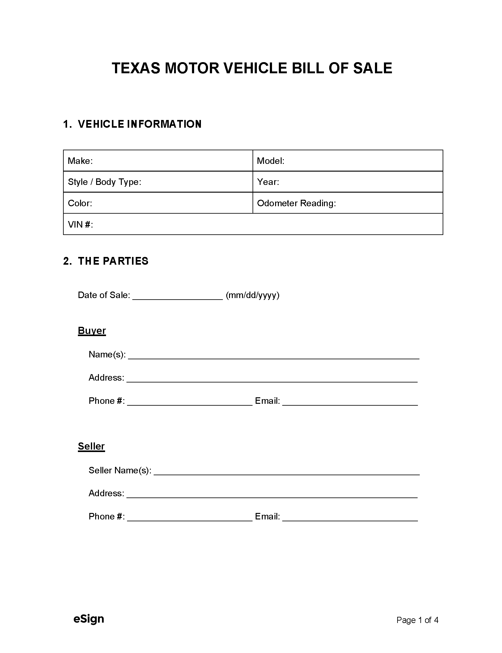 sample Used Car Bill of Sale Template