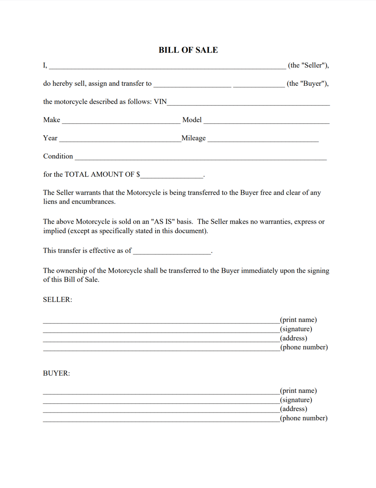 sample Bill of Sale Form For Motorcycle