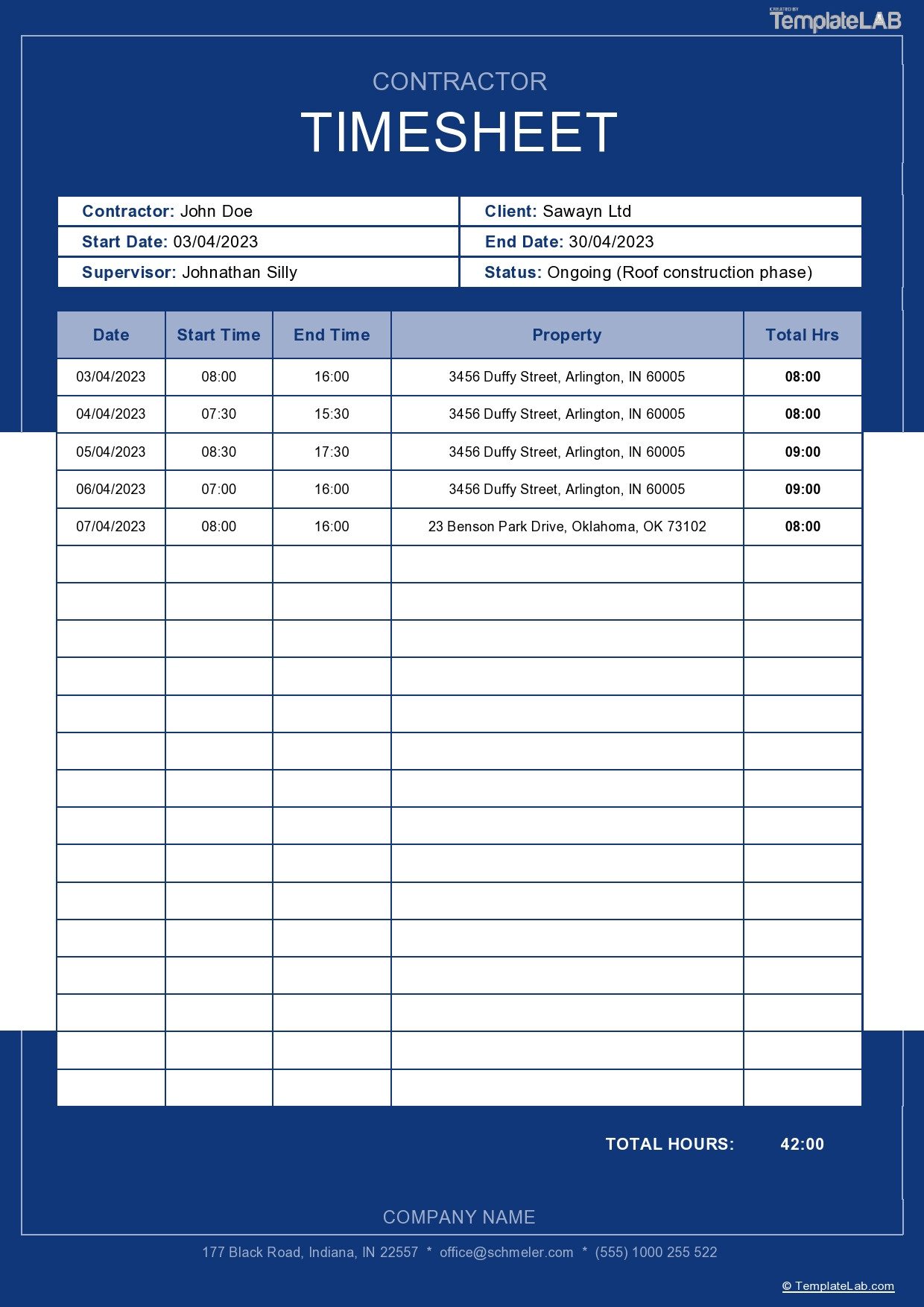 Printable Timesheet For Contractors Template