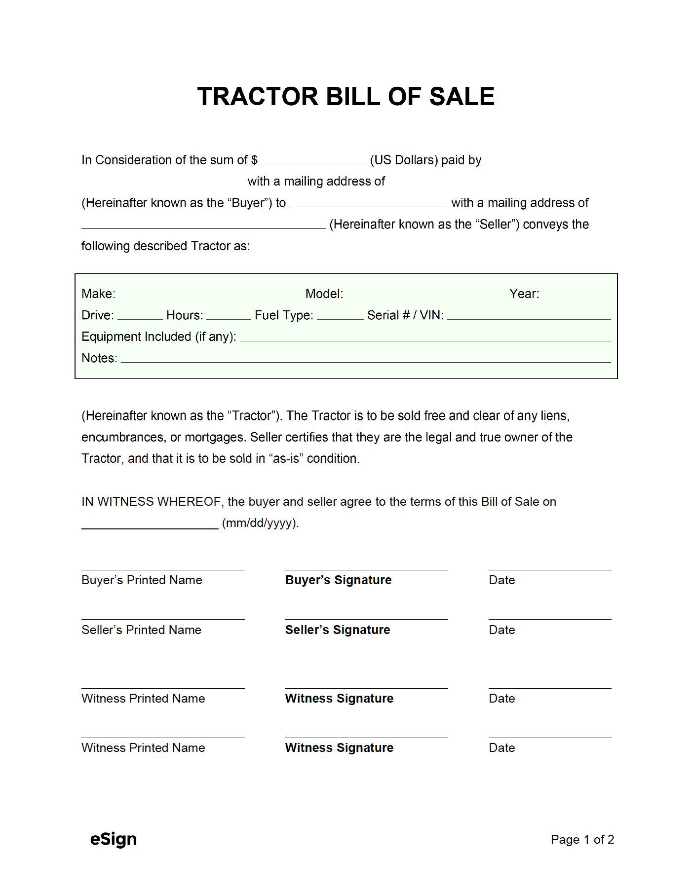 sample Equipment Bill of Sale Form