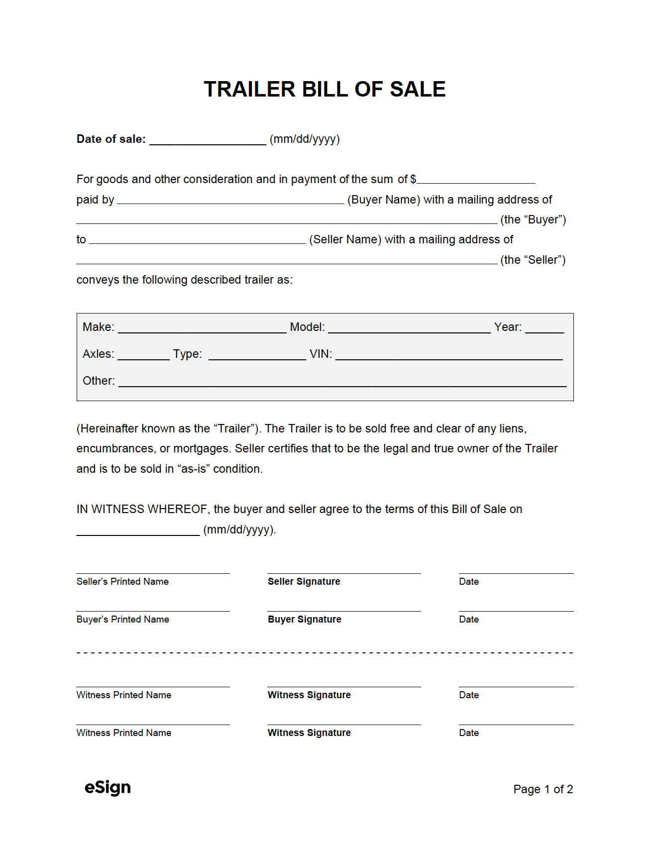 sample Bill of Sale Template For A Trailer